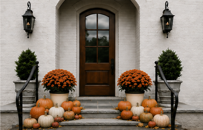 Front door with fall decorations including pumpkins and potted mums, flanked by green bushes, on steps with iron handrails, against a white brick wall with black wall-mounted lanterns.