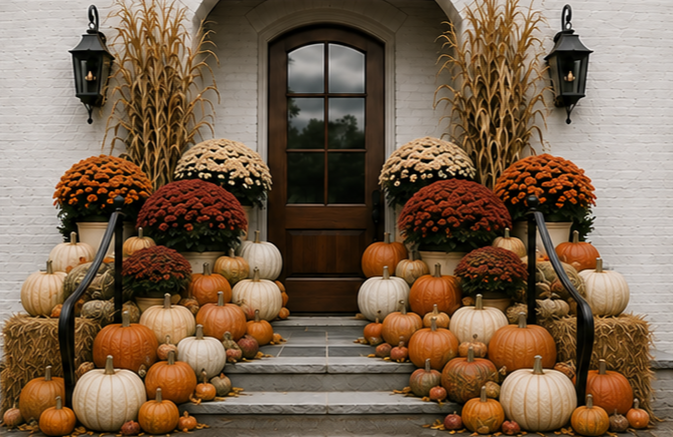 Front porch decorated with pumpkins, gourds, and fall flowers, with a wooden door and black lanterns.