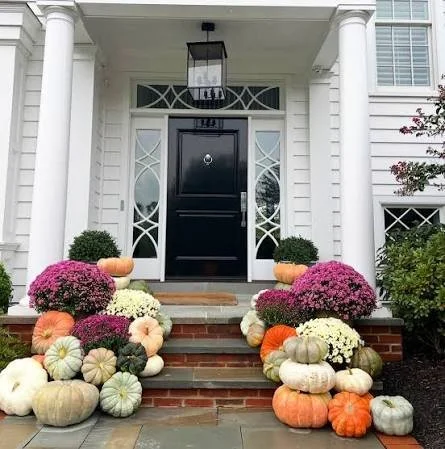 Front porch decorated with a variety of pumpkins and flowering plants.