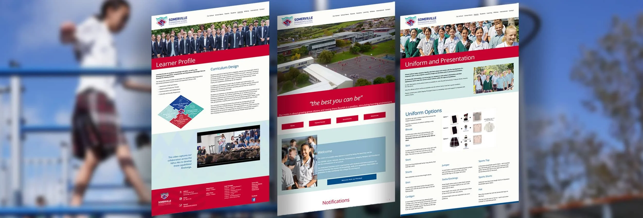 Screenshots of a school's website showing sections on learner profile, uniform options, and school activities, with images of students and school buildings.