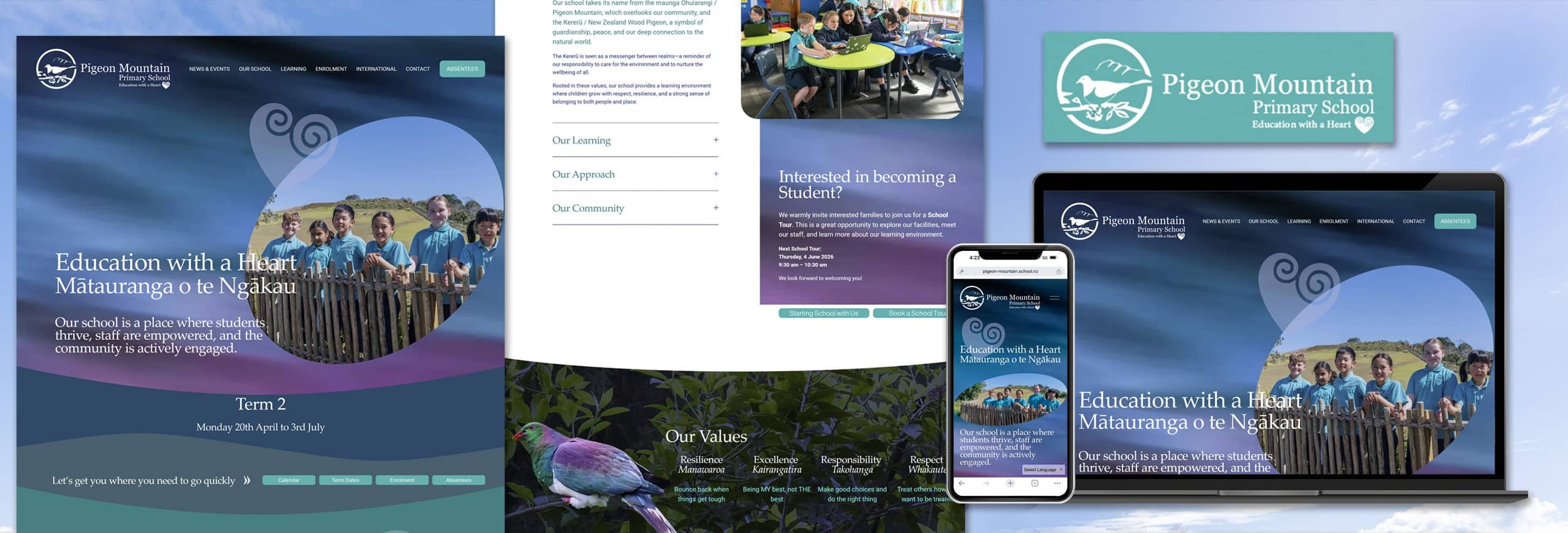 Screenshots of the Pigeon Mountain Primary School website displayed on various devices, showcasing the school’s logo, a group of students, and the school’s key messages about education and community engagement.