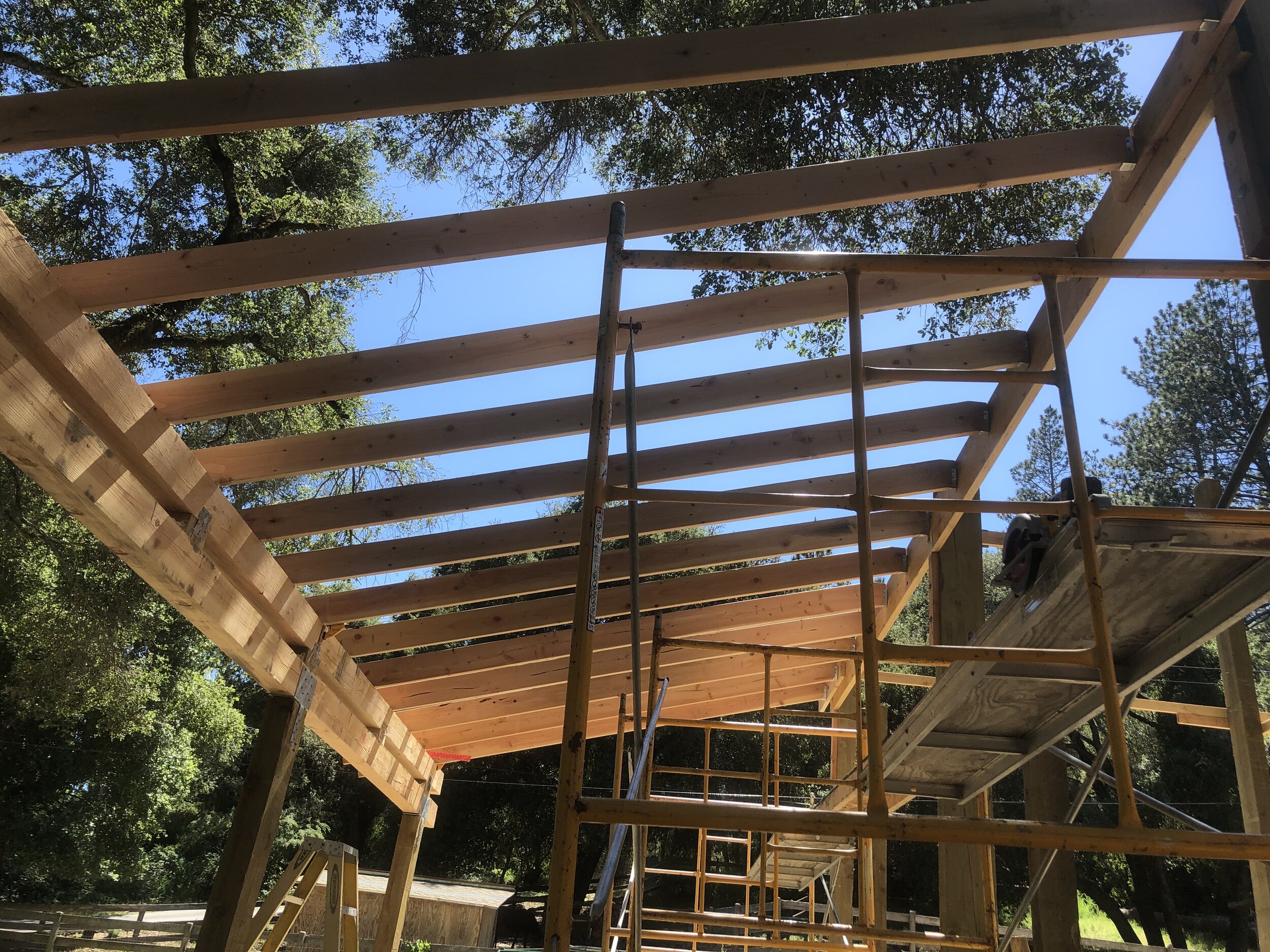 Note the second beam set. My bad that I thought the pad was level. We had to compensate for a 2 foot drop in grade over 60 feet. Far posts were just not quite high enough.