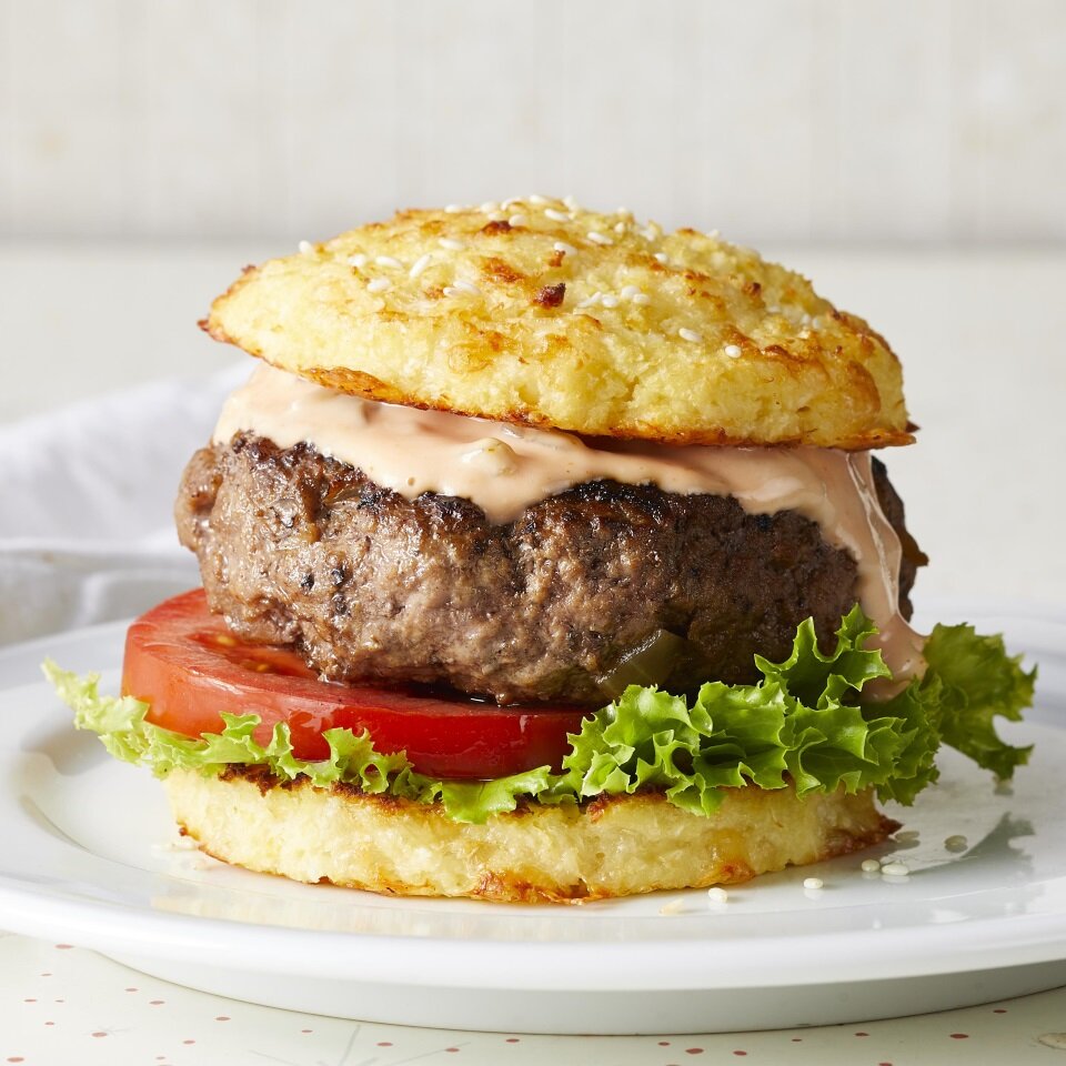 High Protein Cheeseburger (on Cauliflower Buns!) for National Cheeseburger Day