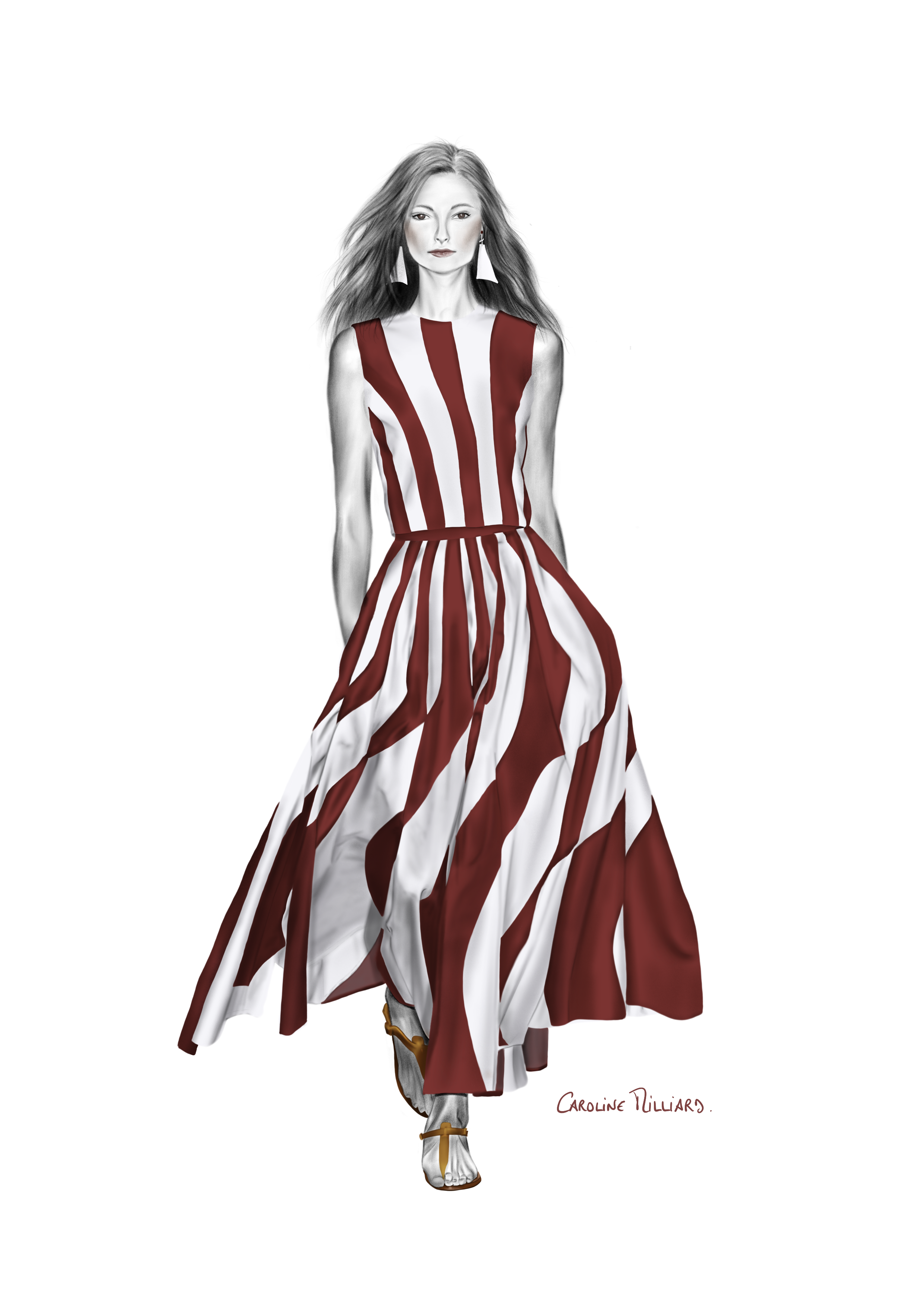 Jasper Conran Spring Summer 2017 Ready to Wear. Fashion illustration, striped and flowy dress
