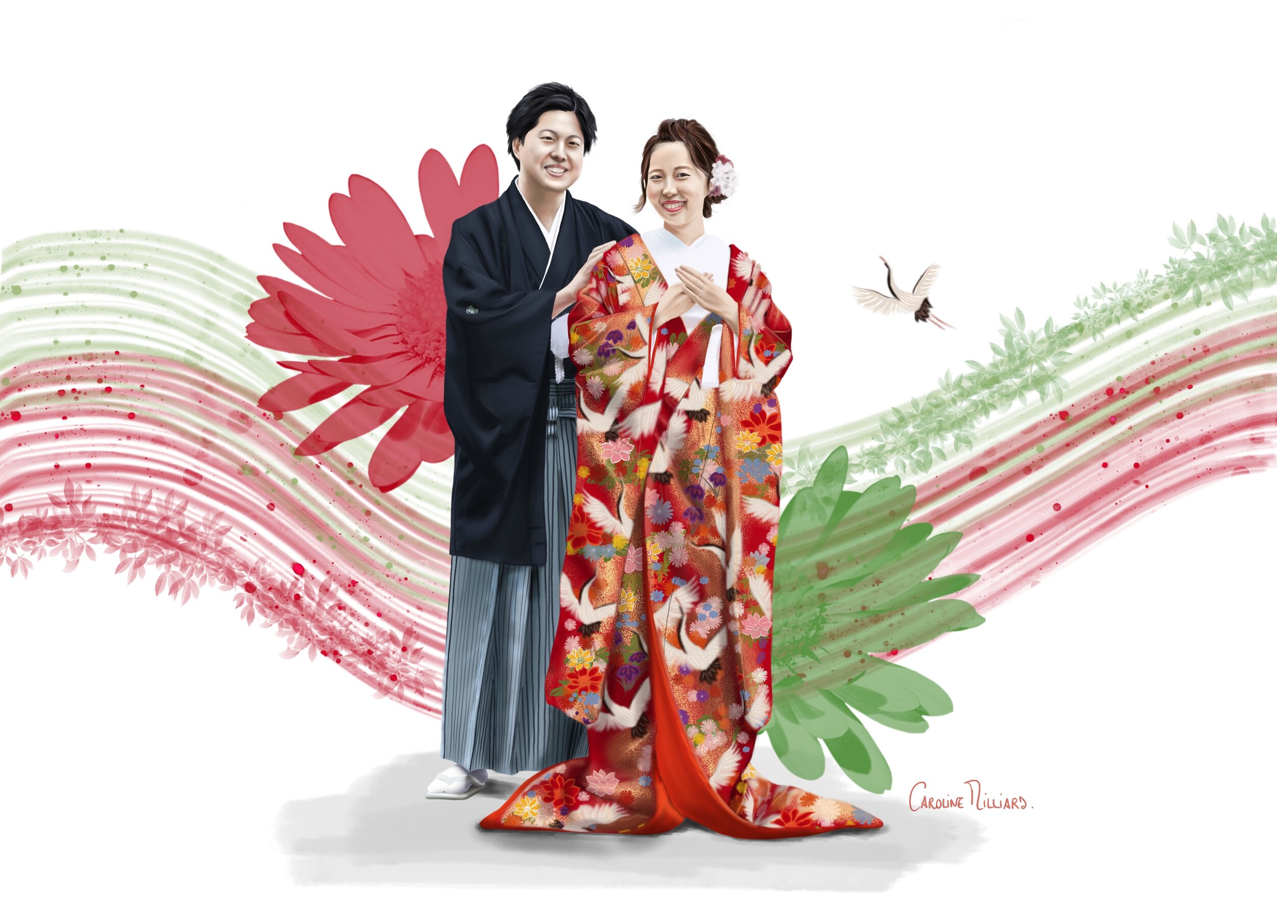 Japanese wedding. Highly detailed illustration of traditional outfits