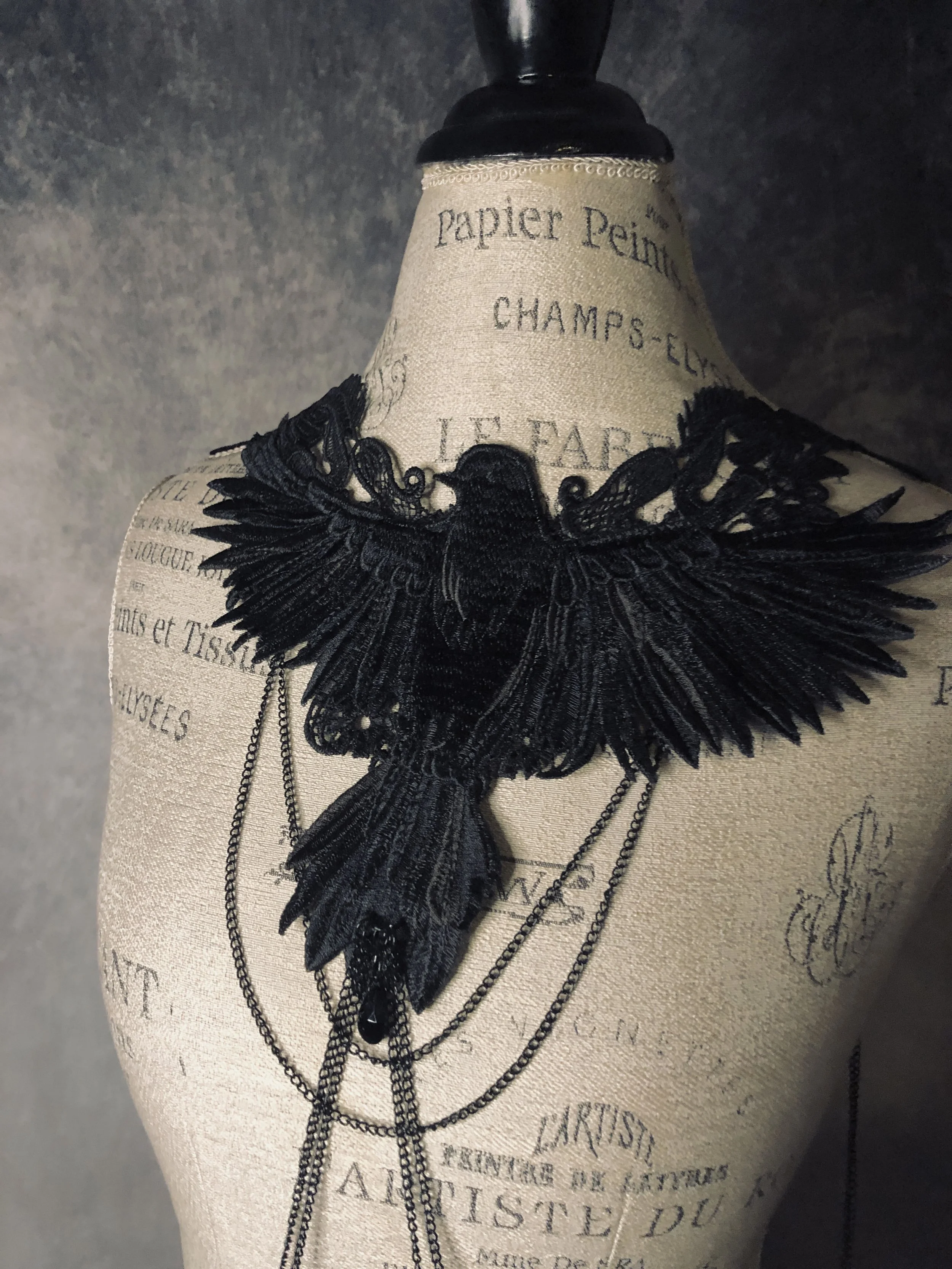 The Poe body chain harness embroidered flying raven, black chains and