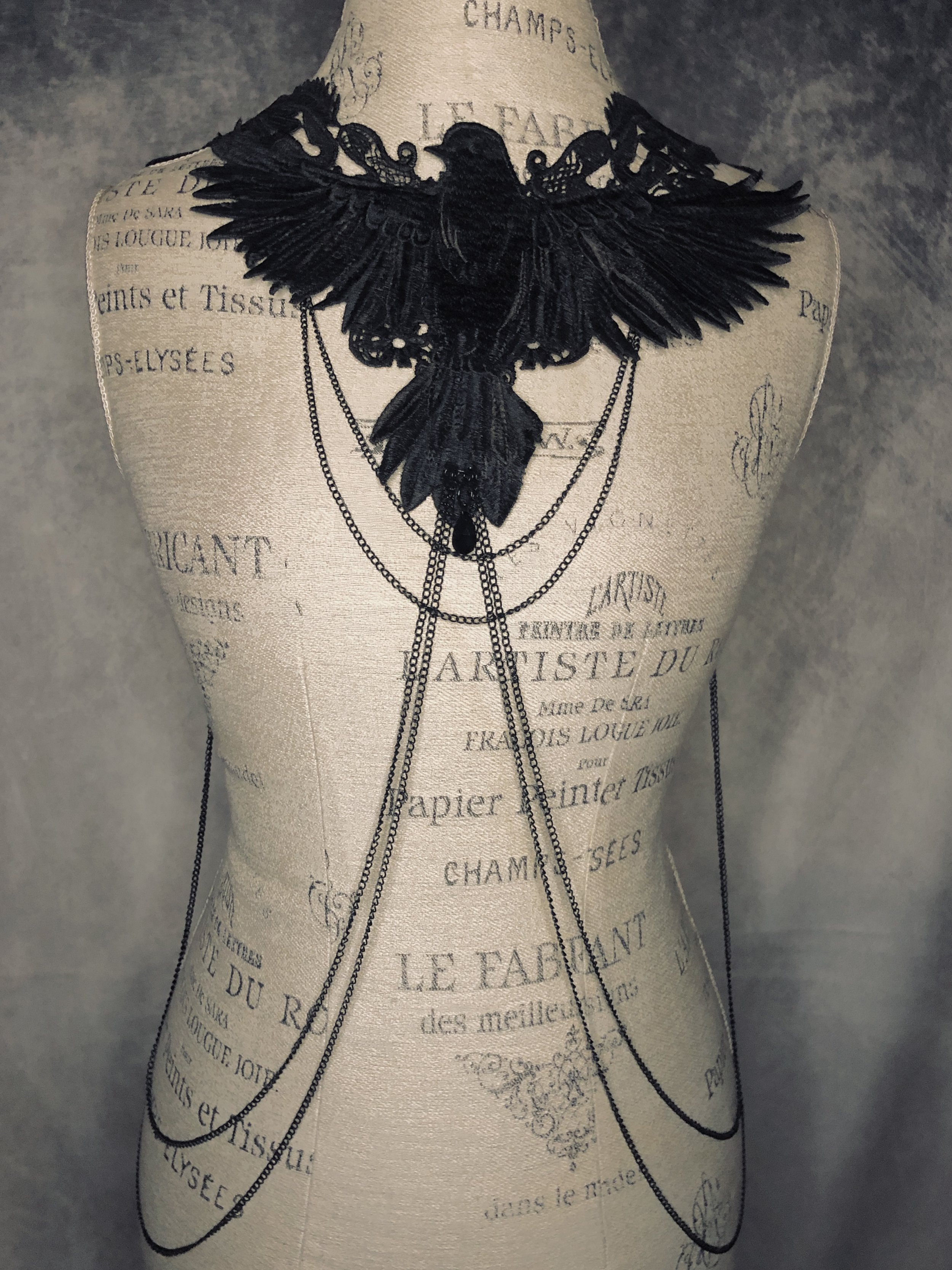 The Poe body chain harness embroidered flying raven, black chains and