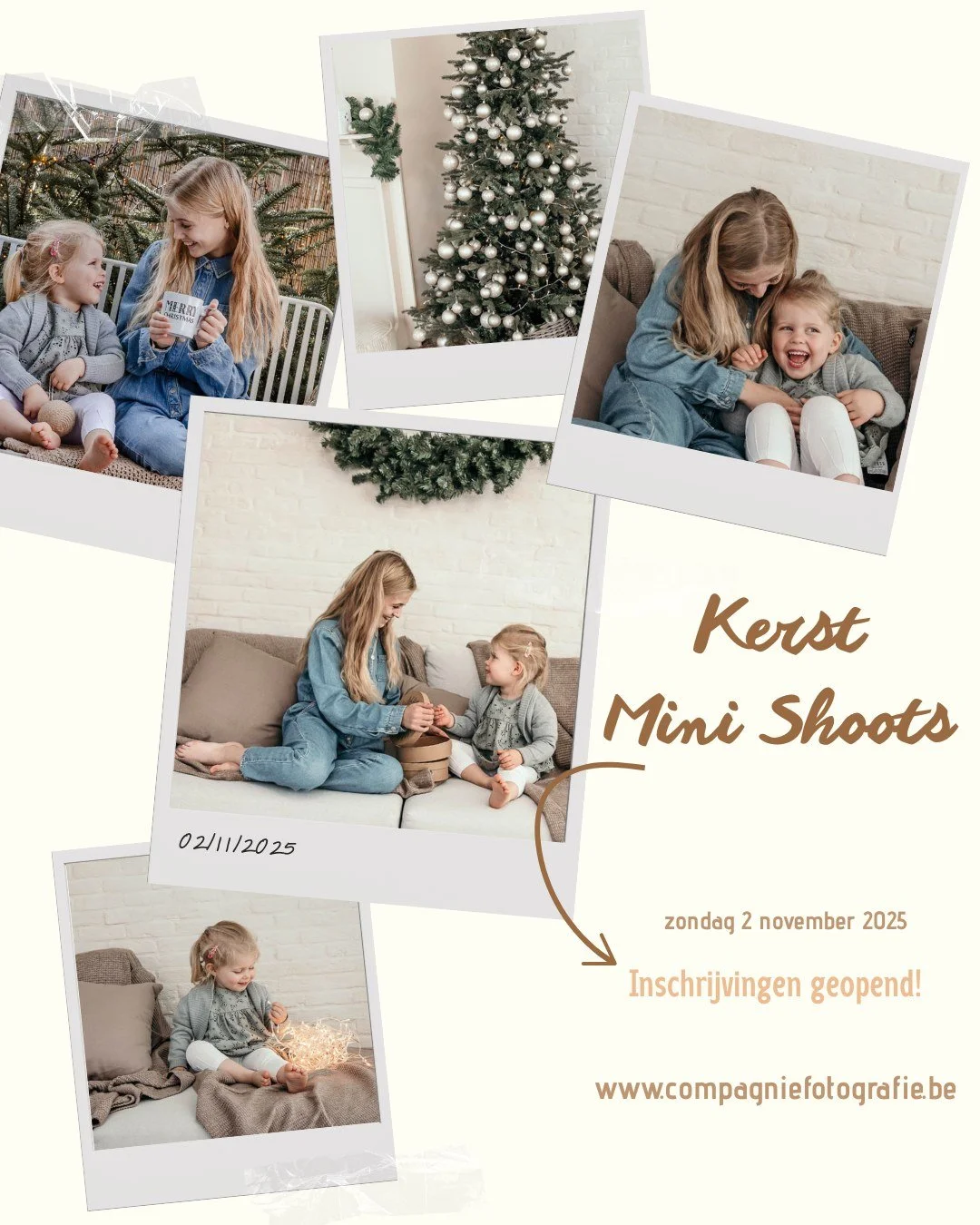 't Is zover! Kerst Mini Shoots! 🎄📸
Zondag 2 november in een magische kerststudio in Berlaar...
Kom jij mee genieten? 🤩
Zalige zachte momentjes in beeld gebracht, 20 minuten kerstfun en herinneringen!
&euro;139
Meer weten?
https://www.compagniefoto