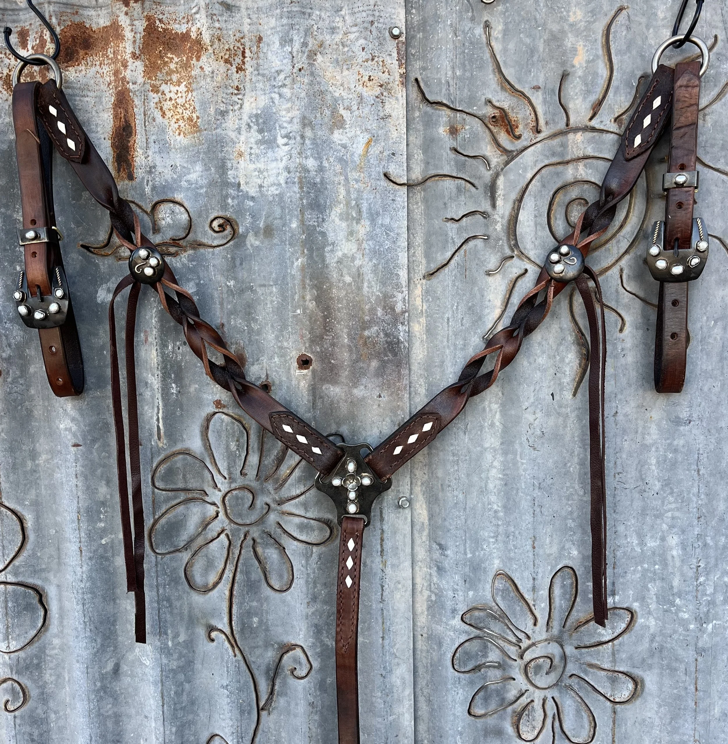 Show Brown Braided Breast Collar with CM Custom Tug Buckles & Keepers and Conchos