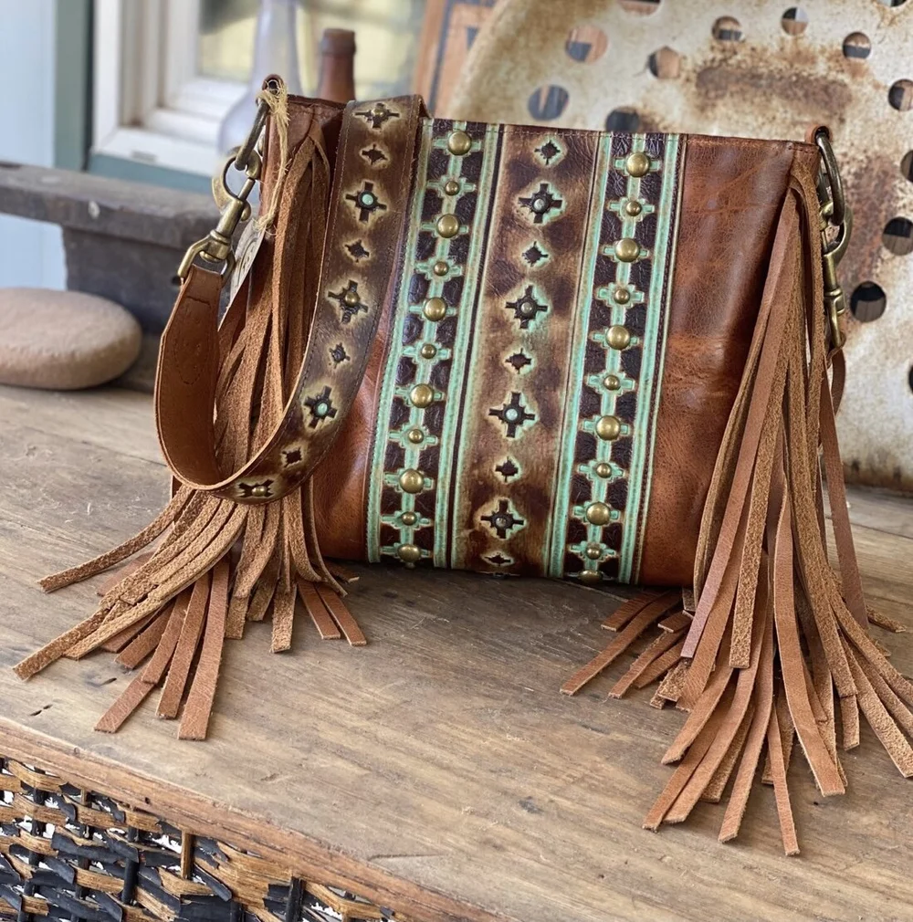 Gorgeous Turquoise/brown w/fringe over Honey Bison CM Bag — Circle M Custom  Hides