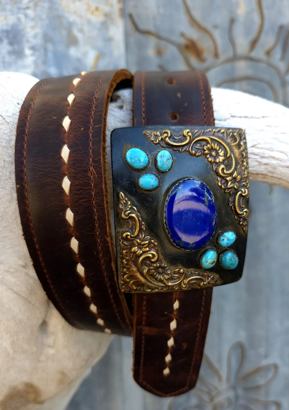Leather Rock Leather Belt With Turquoise Buckle With Gild Studs s-l400.jpg main image 3