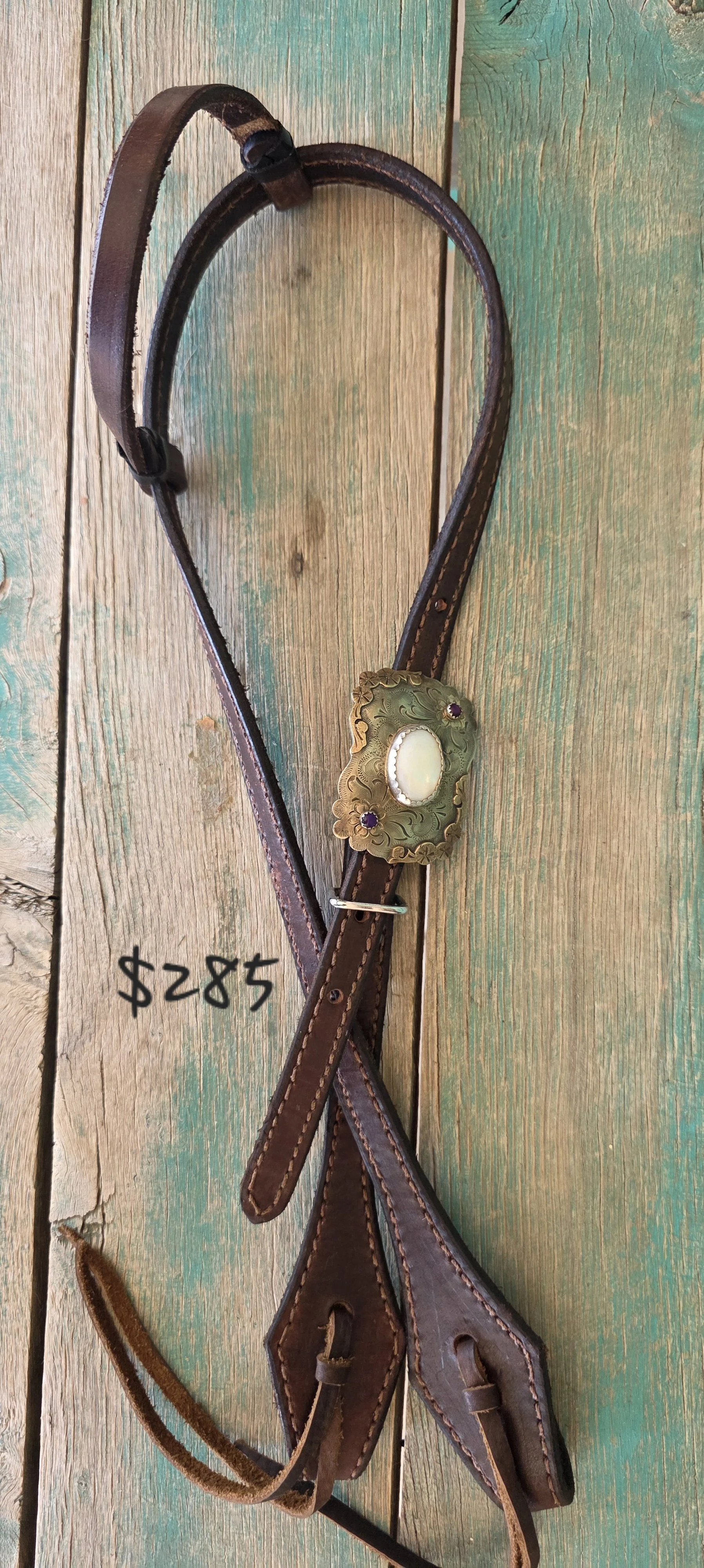 Single Ear Headstall with Custom CM Mother of Pearl and Lapis Buckle