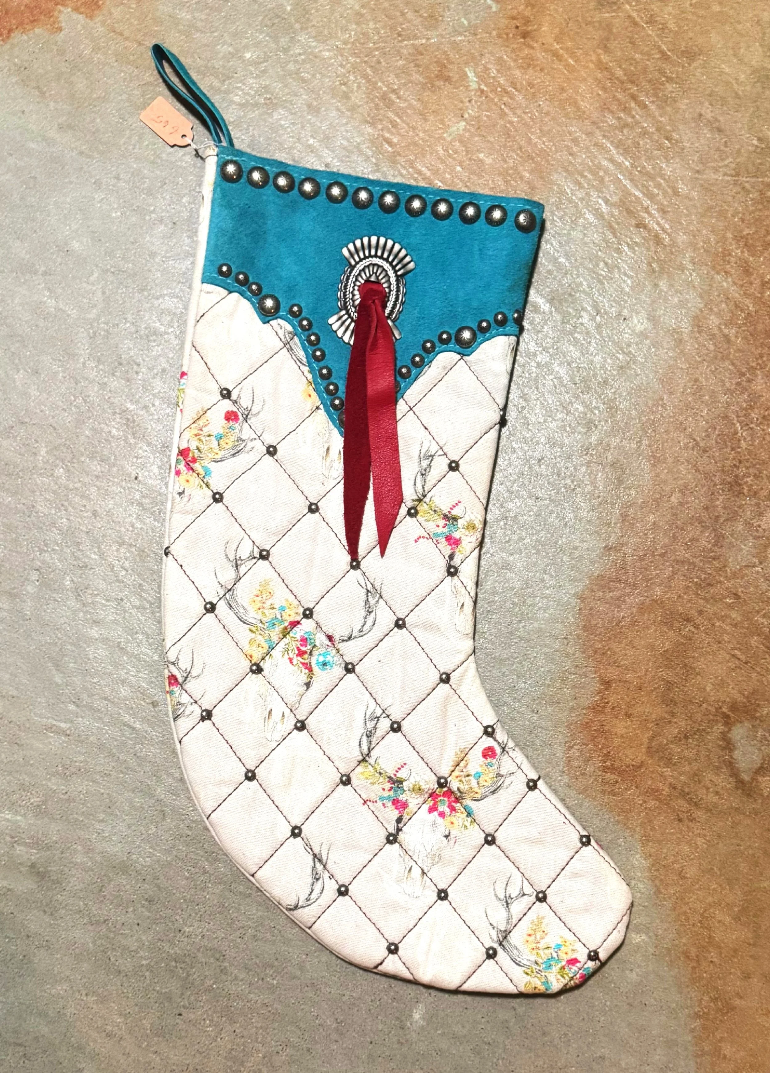 Turquoise Leather with Quilted Elk Pattern and Antique Silver Accents