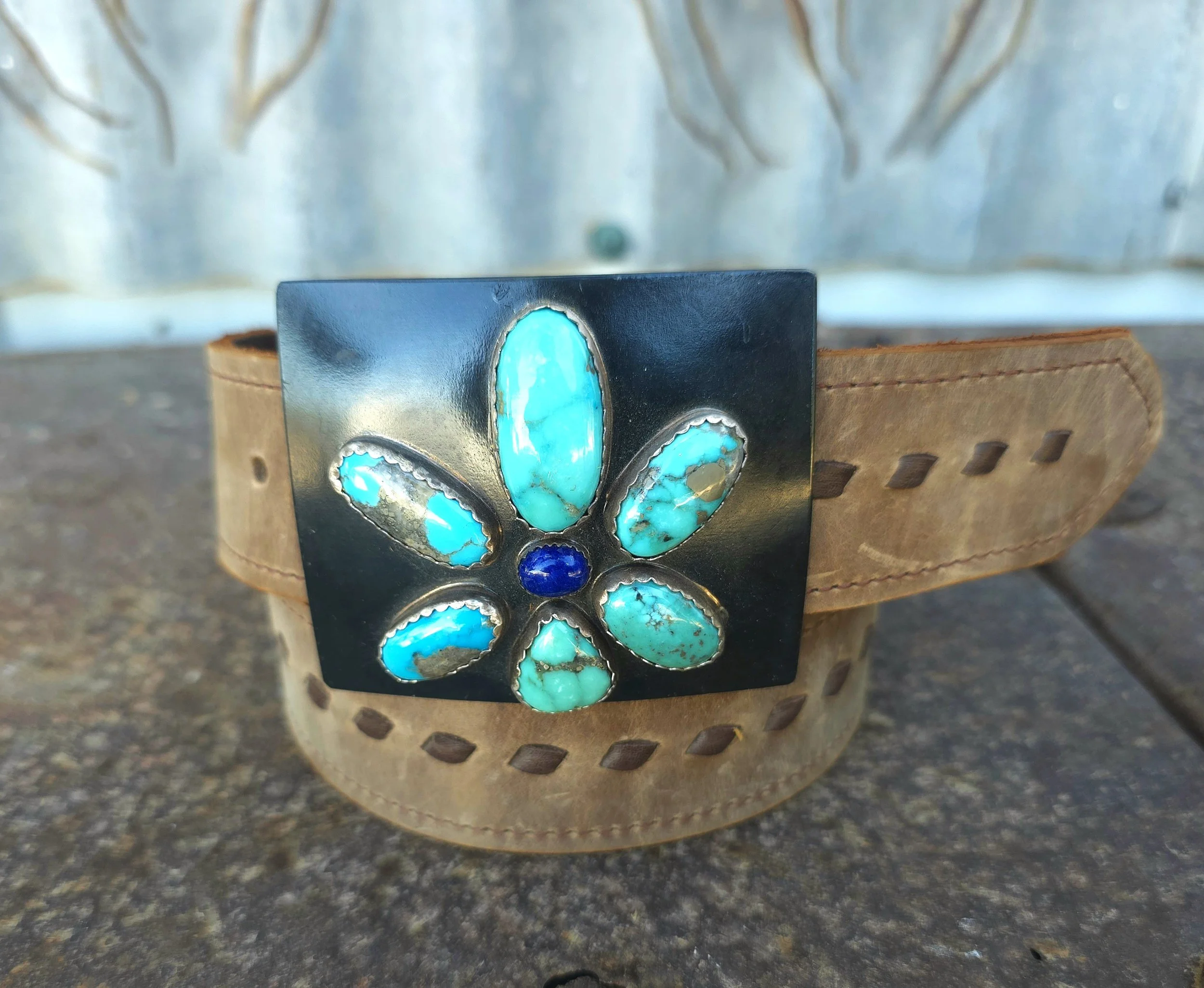 CM Custom Free Form Turquoise and Lapis Lazuli Belt Buckle and Bison Belt