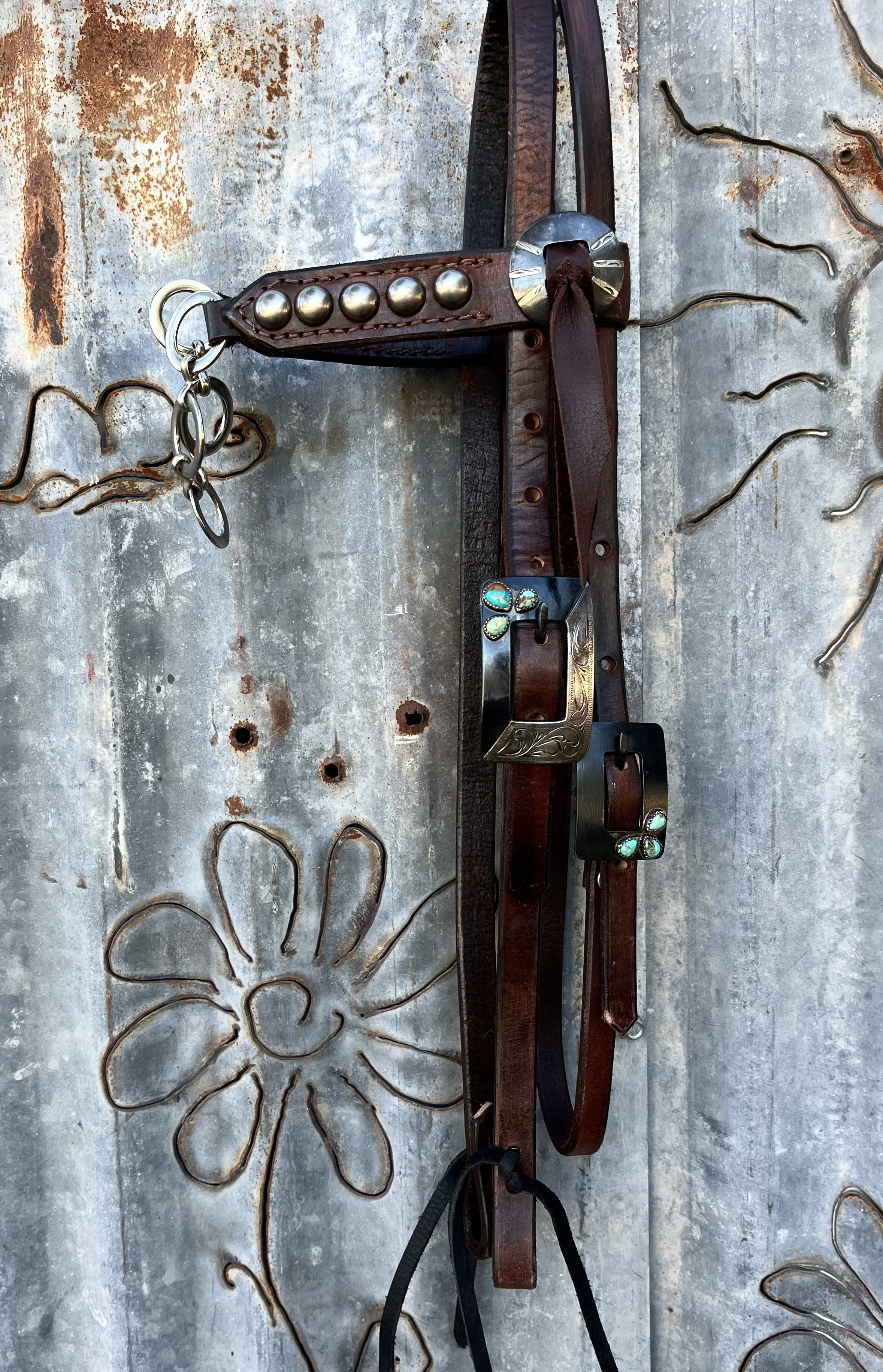 Browband Headstall with CM Custom Iron, Silver and Turquoise Buckles