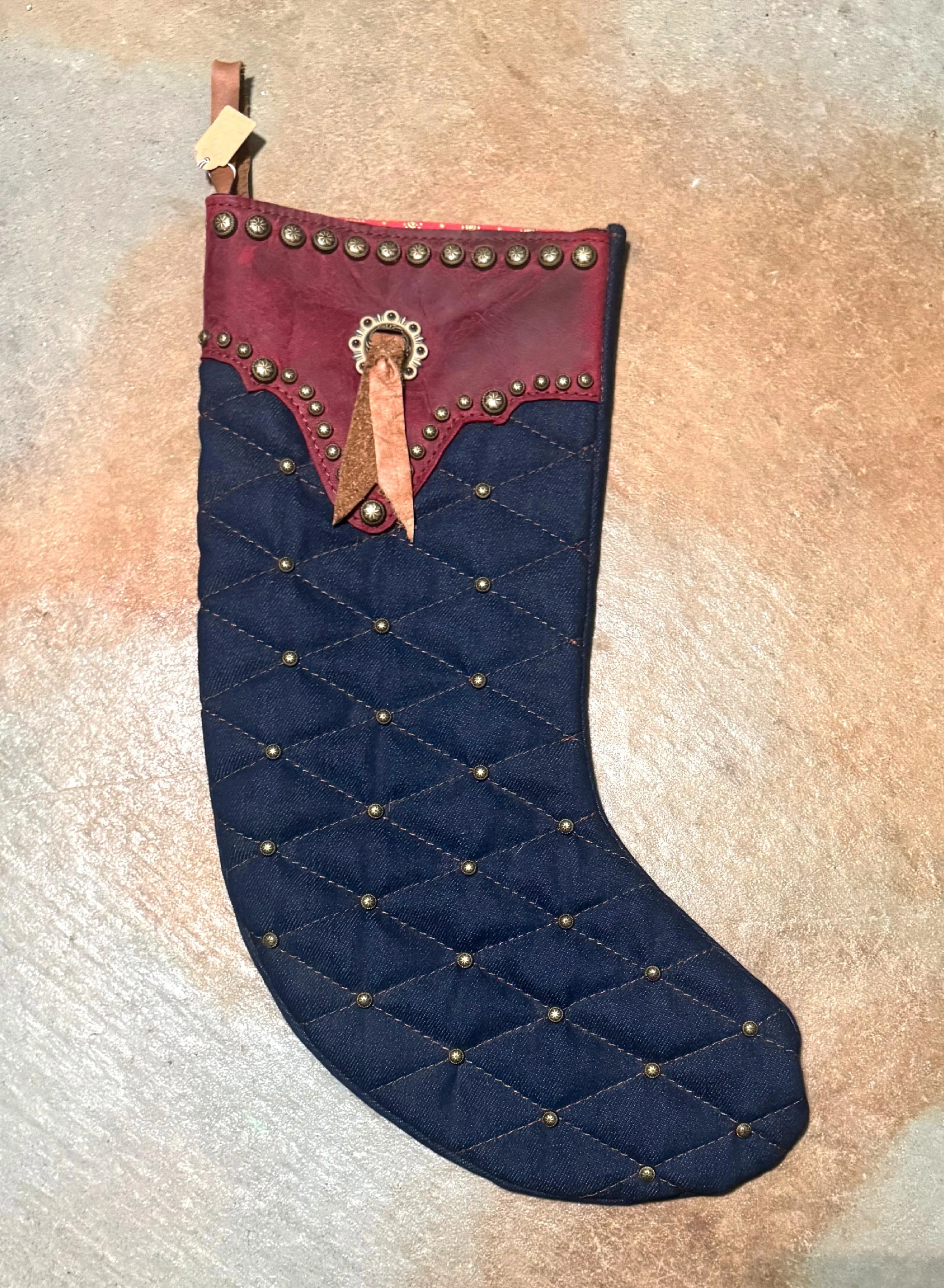Quilted Denim with Red Leather and Unique Rustic Brass Accents