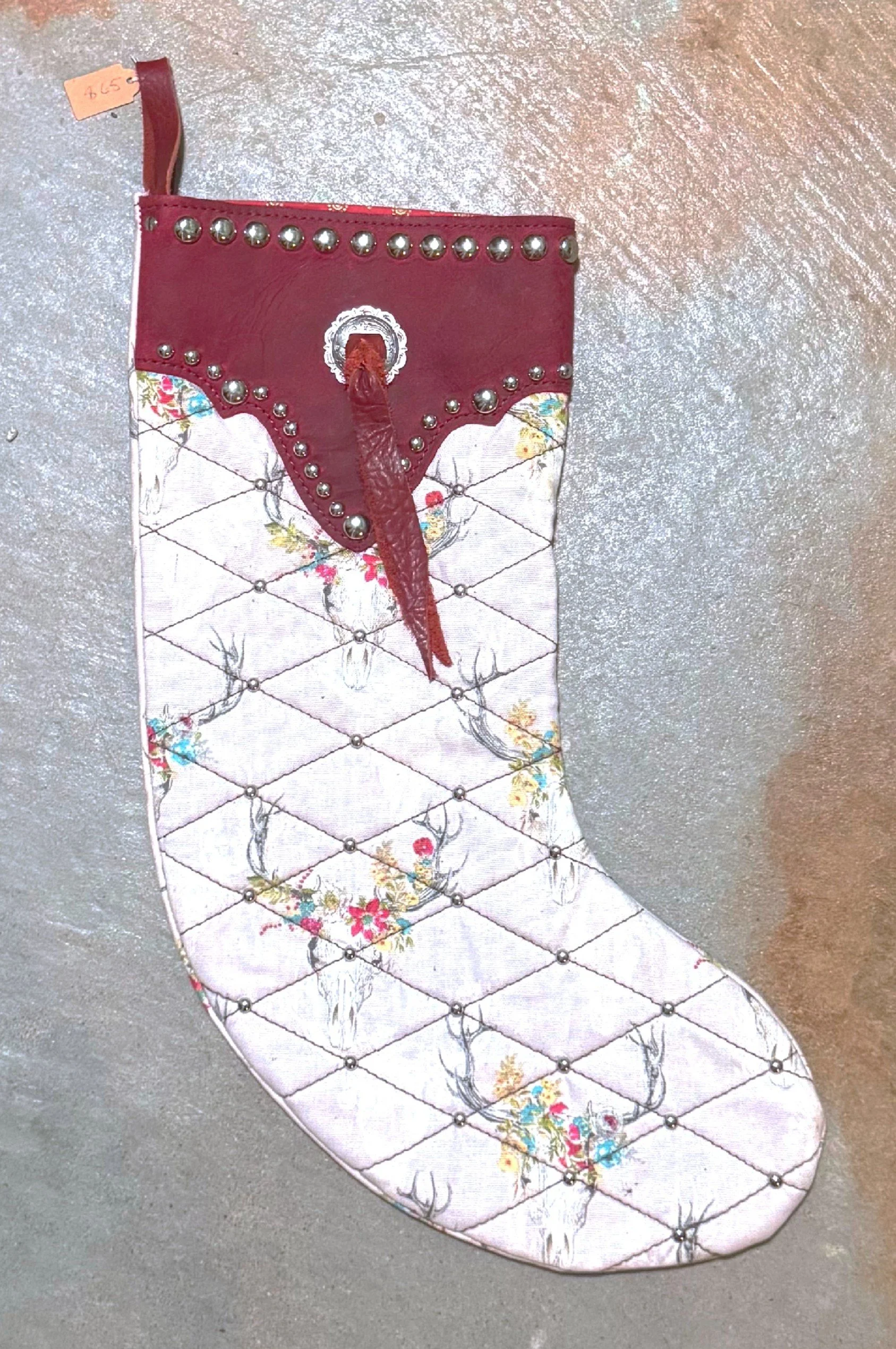 Red Leather with Quilted Elk Patterned Material and Silver Accents