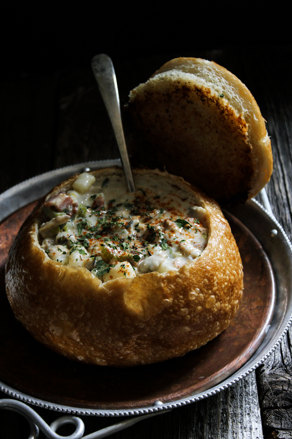 Mikey’s Ultimate Clam Chowder (New England Style) served in Sourdough Boule