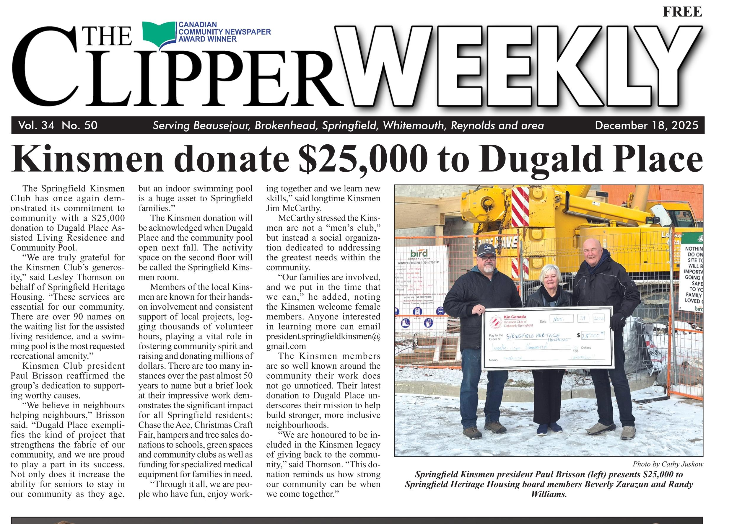Kinsmen donate $25,000 to Dugald Place