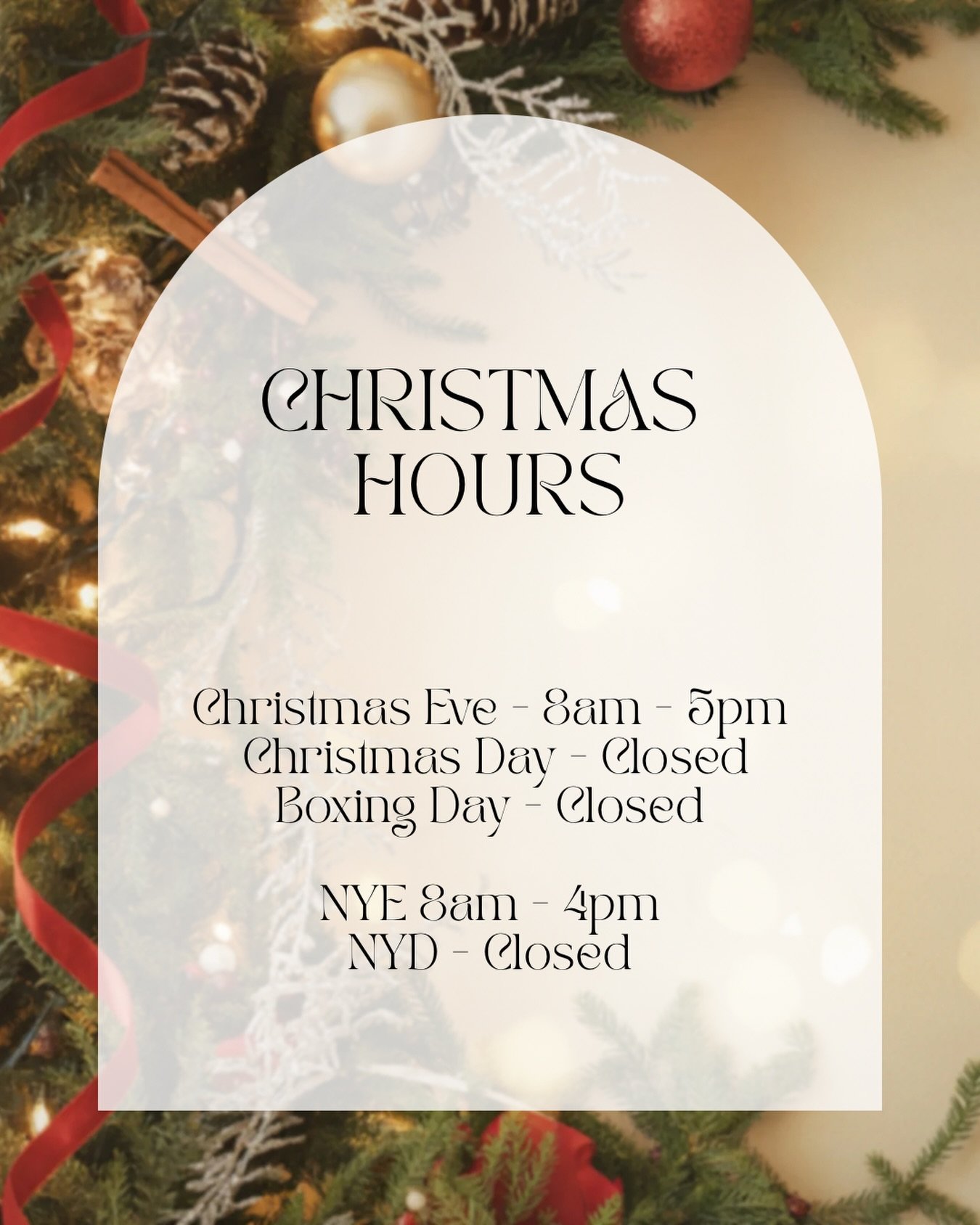 Our Christmas &amp; New Year trading hours are here! 🎄✨

Christmas Eve: 8am&ndash;5pm
Christmas Day: Closed
Boxing Day: Closed

NYE: 8am&ndash;4pm
New Year&rsquo;s Day: Closed

Wishing you a safe &amp; joyful holiday season! 💛🎅🏽
