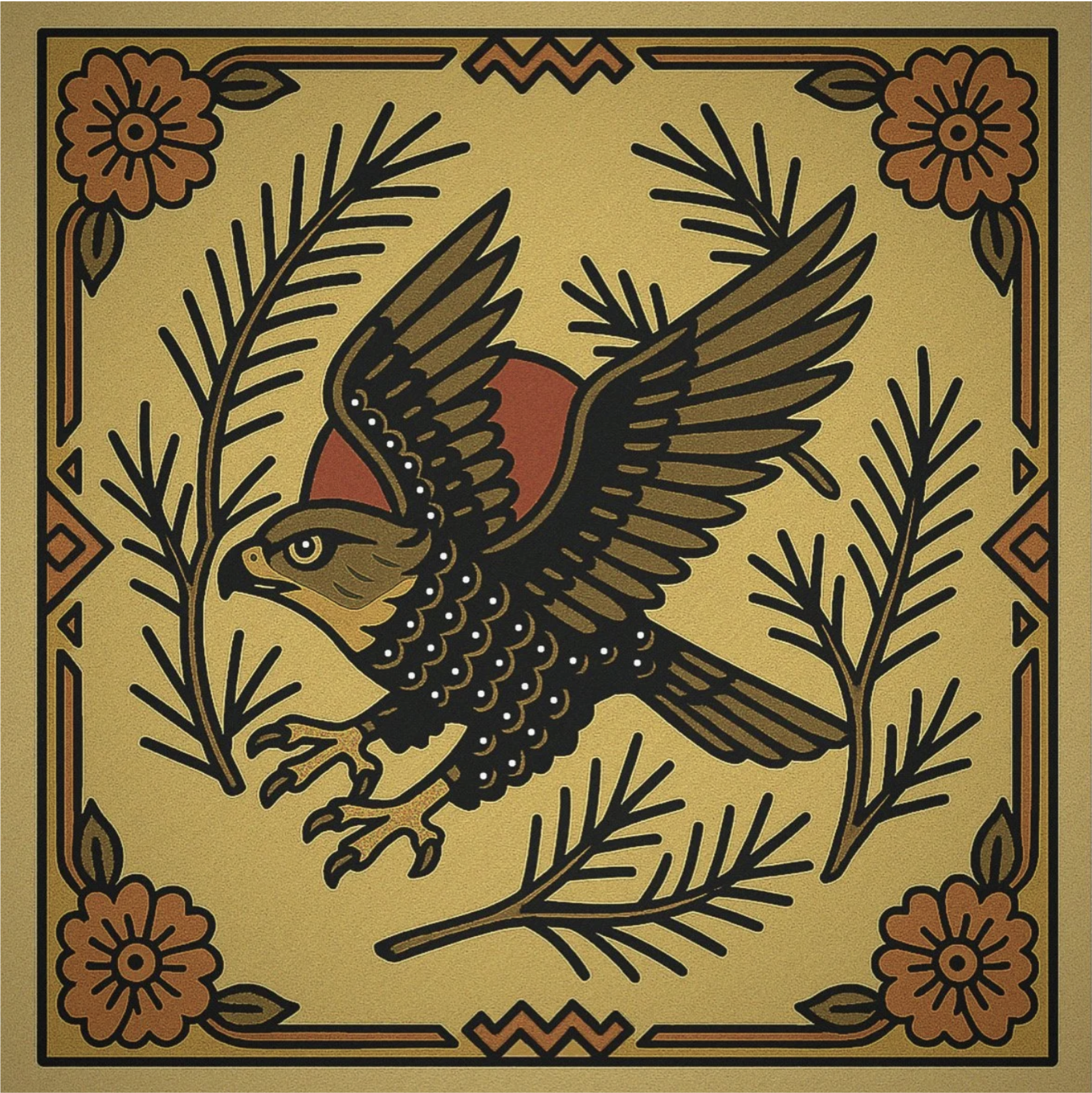 A hawk in mid-flight beneath a red sun, surrounded by pine branches and floral motifs, symbolizing freedom, travel, and visionary spirit in a Western folk art style.