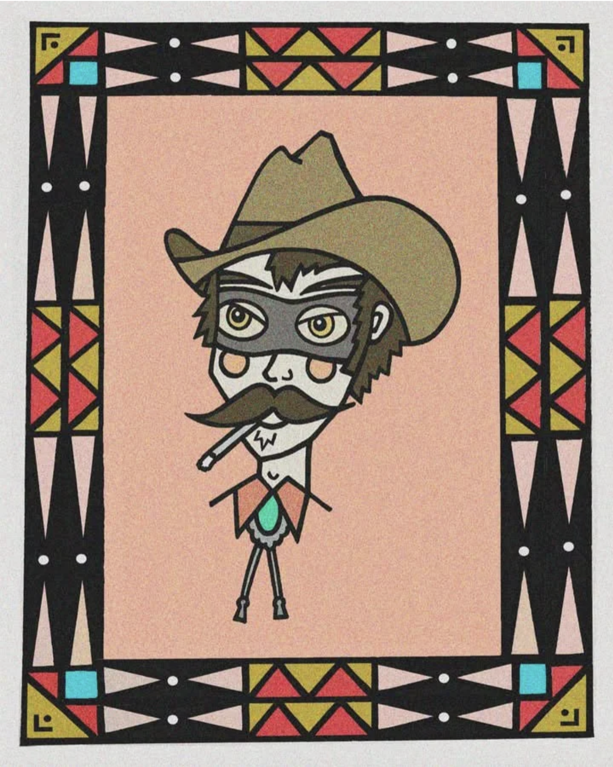 The Rambler fine art print by Toby Putnam featuring a rebellious cowboy self portrait with mask, cigarette, and western hat framed by bold geometric folk patterns.