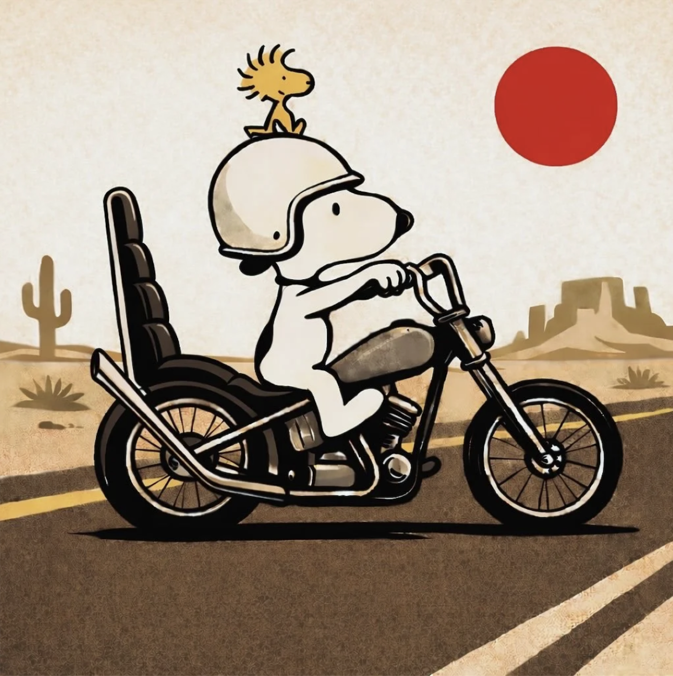 Desert Duo fine art print by Toby Putnam featuring a friendly outlaw-inspired desert scene of a cartoon dog riding a chopper motorcycle with a bird companion under a red desert sun.
