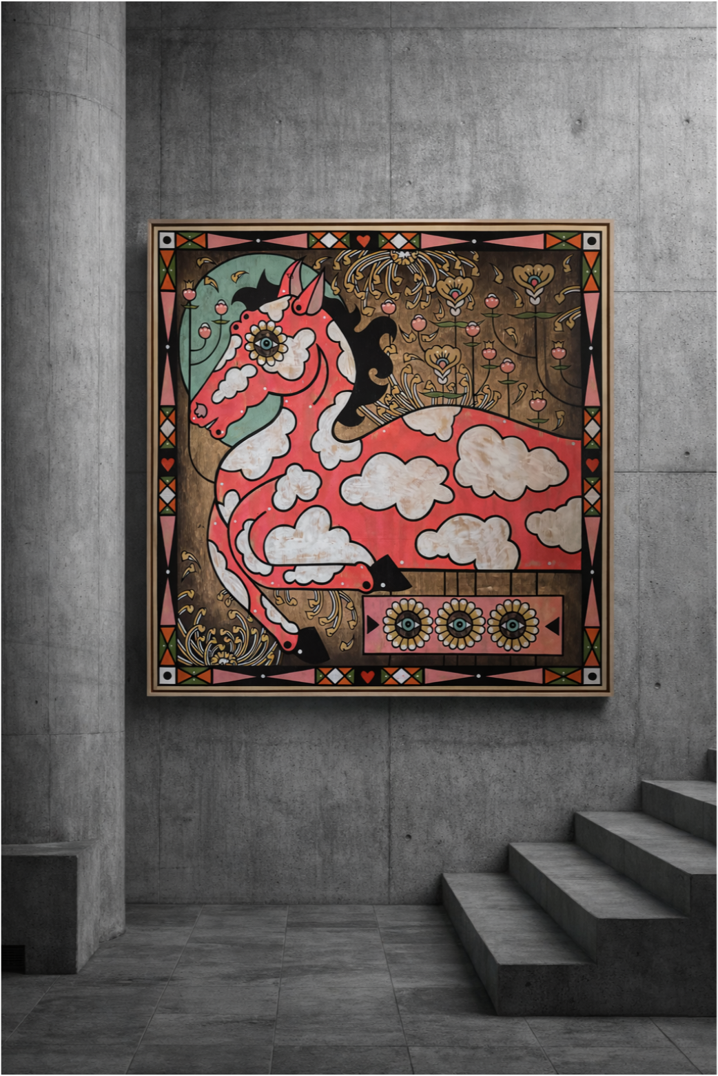A large mixed-media painting of a red horse adorned with cloud patterns and symbolic motifs, framed in a museum-style shadowbox, blending psychedelic and neo-traditional Western folk imagery.