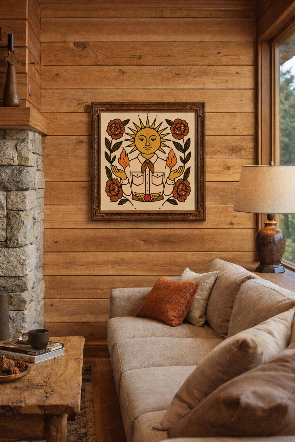 The Alchemist fine art print by Toby Putnam displayed in a western wood frame on the wall of a contemporary mid-century cabin living room with wood paneling, sofa, and stone fireplace.