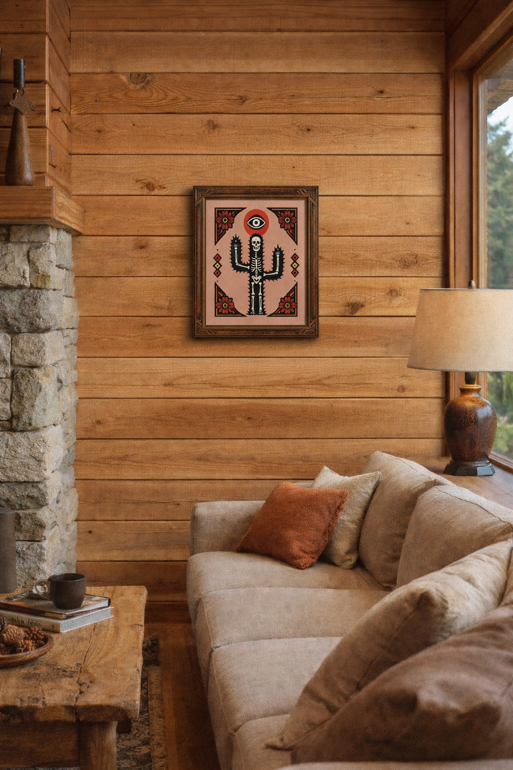 8x10 framed fine art print “Linger On” by Toby Putnam displayed on a wood wall in a contemporary cabin living room, featuring a skeletal cactus figure with mystical symbolism.