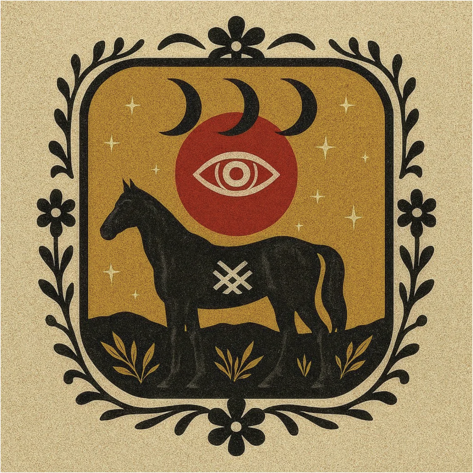 A solitary black horse stands beneath a red sun with a watchful eye and crescent moons, symbolizing childhood memory, connection, and quiet guardianship in a mystical Western folk art style.