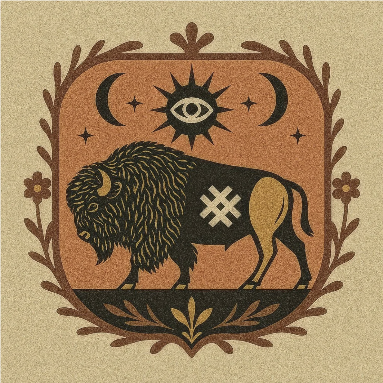 A buffalo stands beneath a watchful eye and crescent moons, symbolizing resilience, determination, and strength in a mystical Western folk art style.