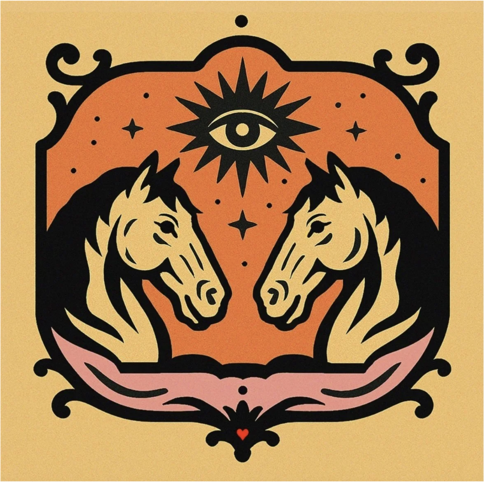 Two mirrored horses face one another beneath a watchful eye, symbolizing brotherhood, kinship, and unity in a mystical Western folk art style.