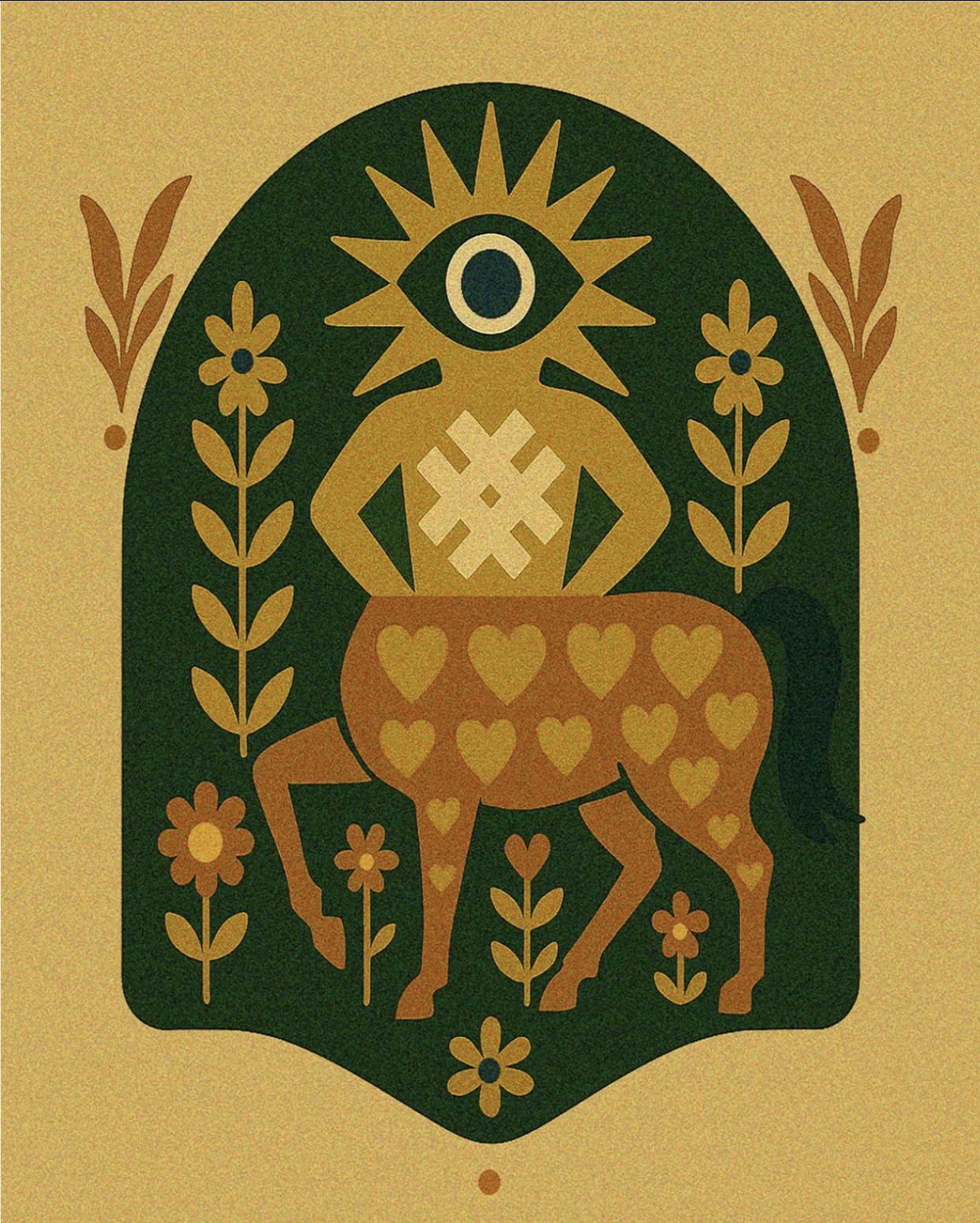 Folk-inspired centaur illustration with radiant eye and floral motifs representing intuition and mythic symbolism.