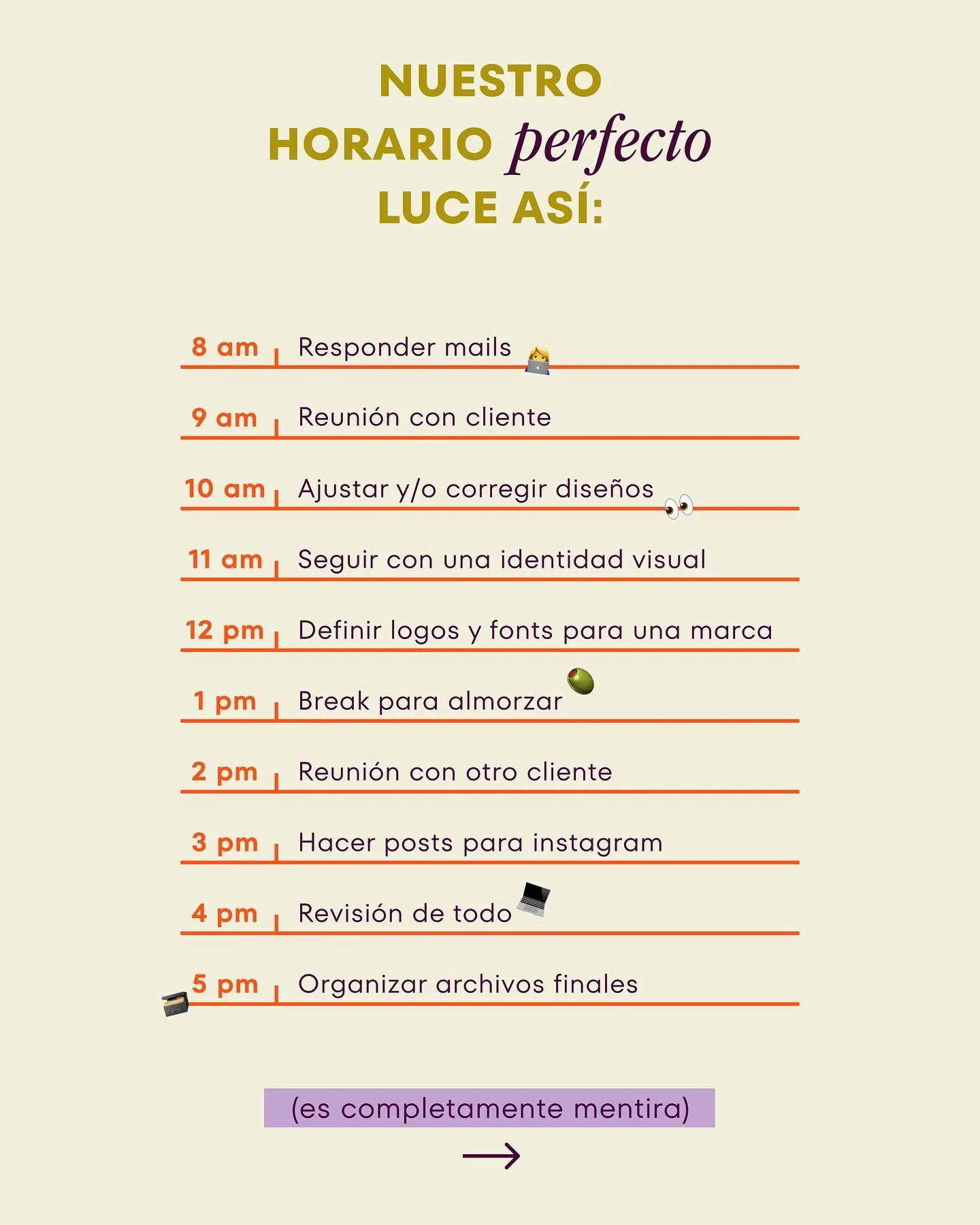 Tenemos un horario ideal y otro honesto.
Y la verdad: el honesto siempre incluye caf&eacute;, bloqueo creativo y tipograf&iacute;a #300 ✨🫰🏻

No todo sale como planeamos, y eso tambi&eacute;n est&aacute; bien👀