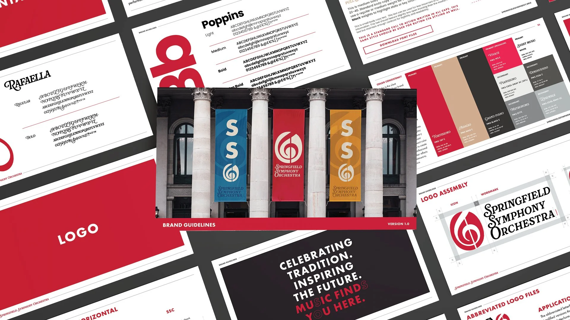 Spreads view of brand guideline deck, typography, color usage and logo applications slides