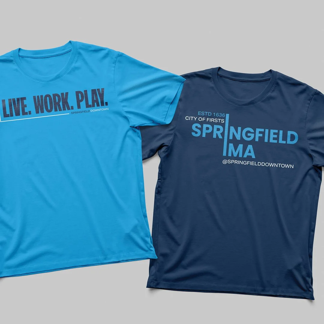 Apparel designs with navy and blue tees, Live, Work, Play. Downtown Springfield, MA, the city of firsts