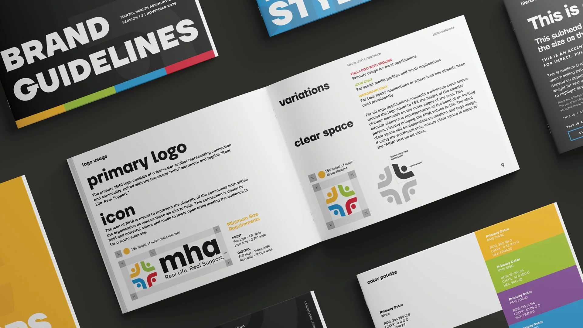 brand guidelines spreads, logo usage, icon usage and color heirarchy examples