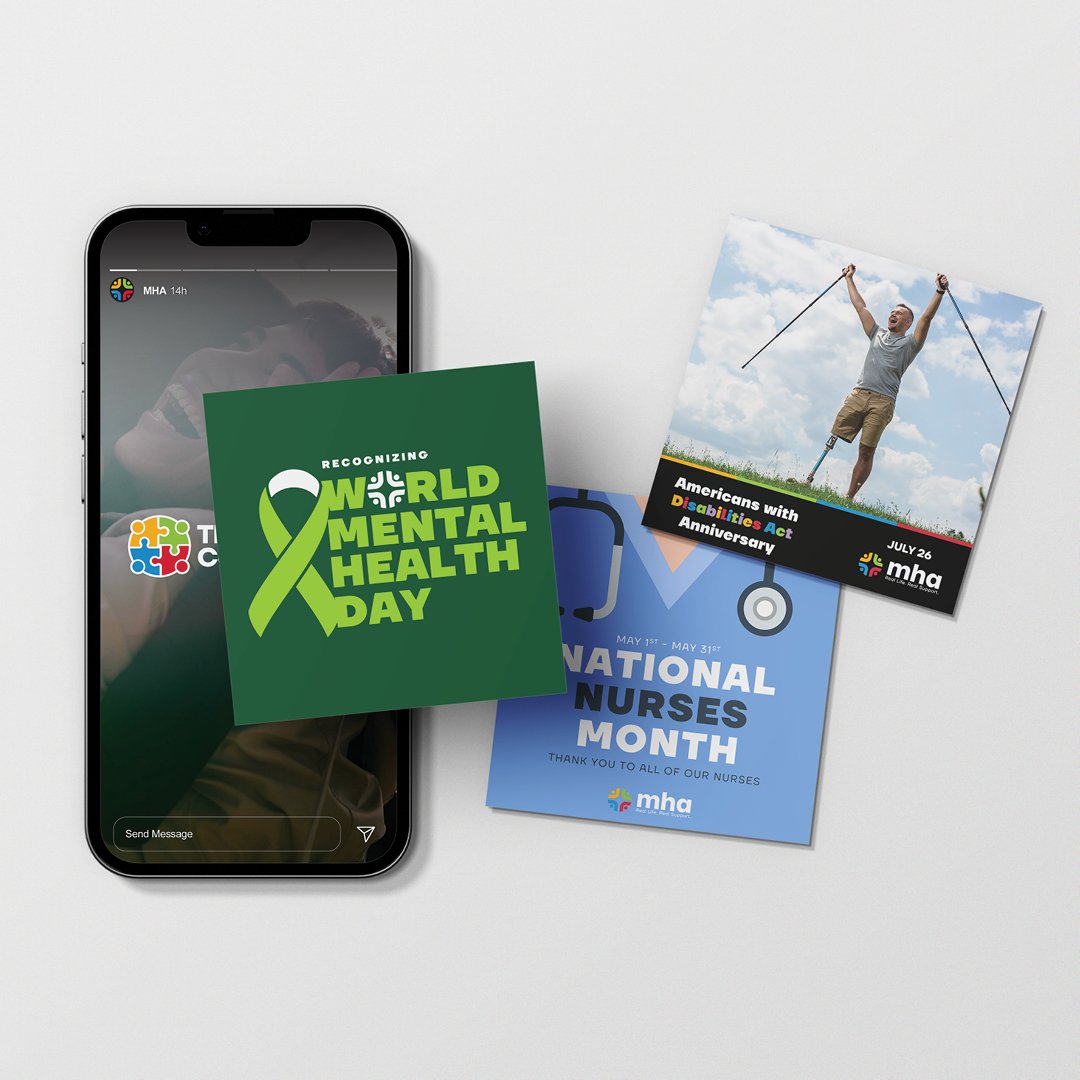 social media previews, square formats, world mental health day with awareness ribbons