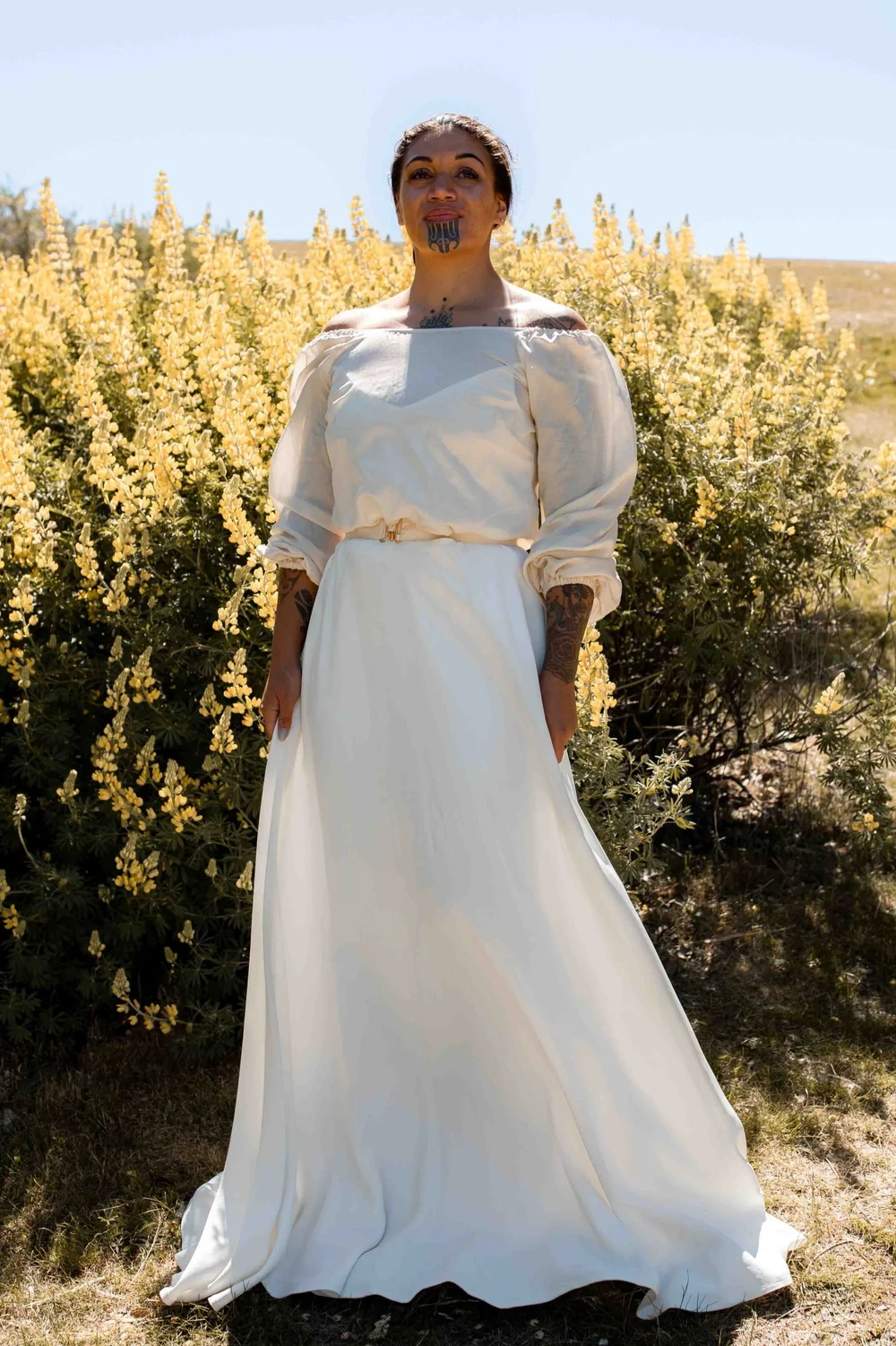 boho long sleeve white dress Boho Beaded Lace Bell Sleeves Fit and Flare Wedding Gown