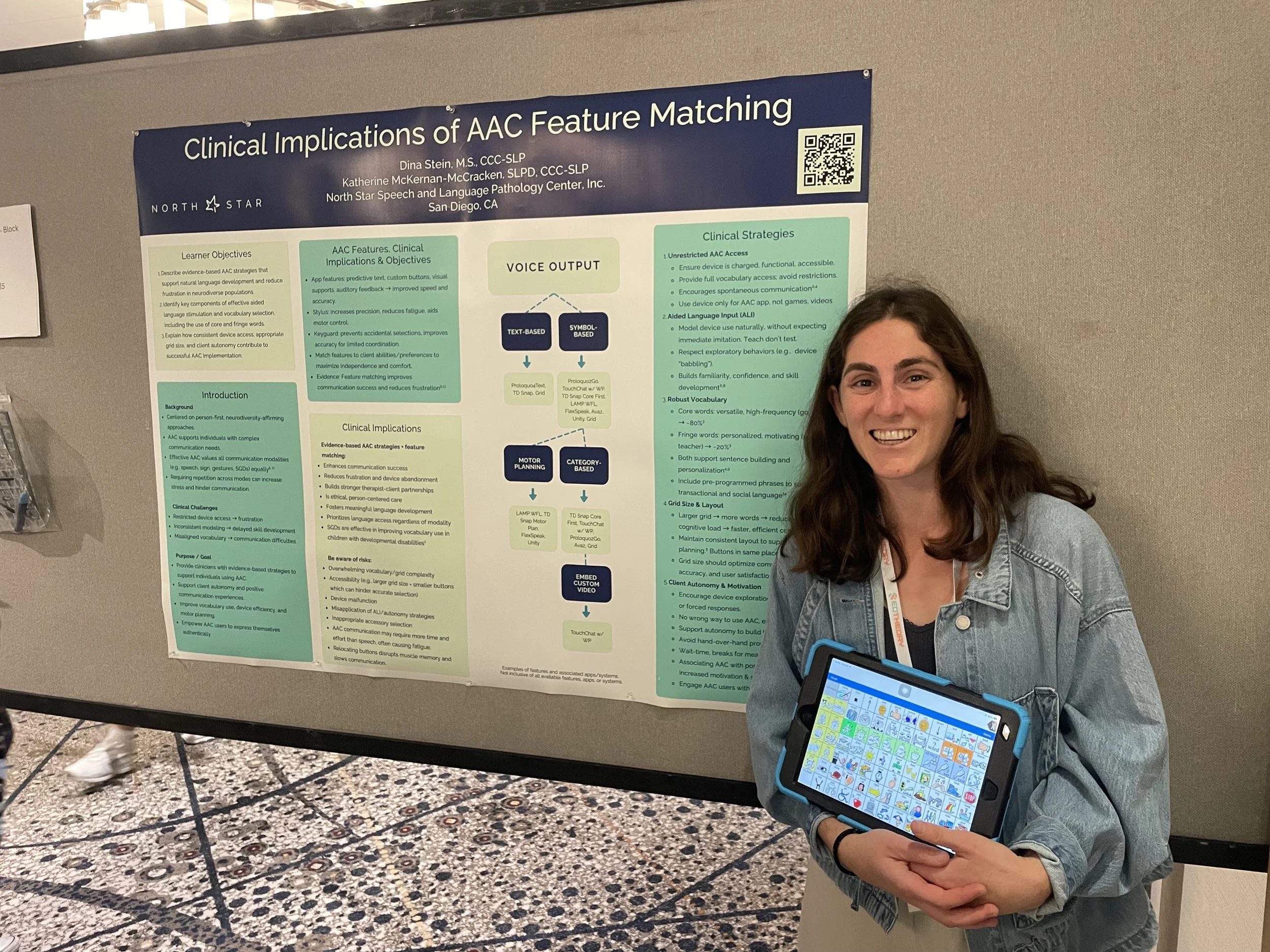 Dina Stein presents a poster presentation at the 2026 California Speech-Language Hearing Association (CSHA) Convergence conference on the topic of Clinical Implications of AAC Feature Matching. 
