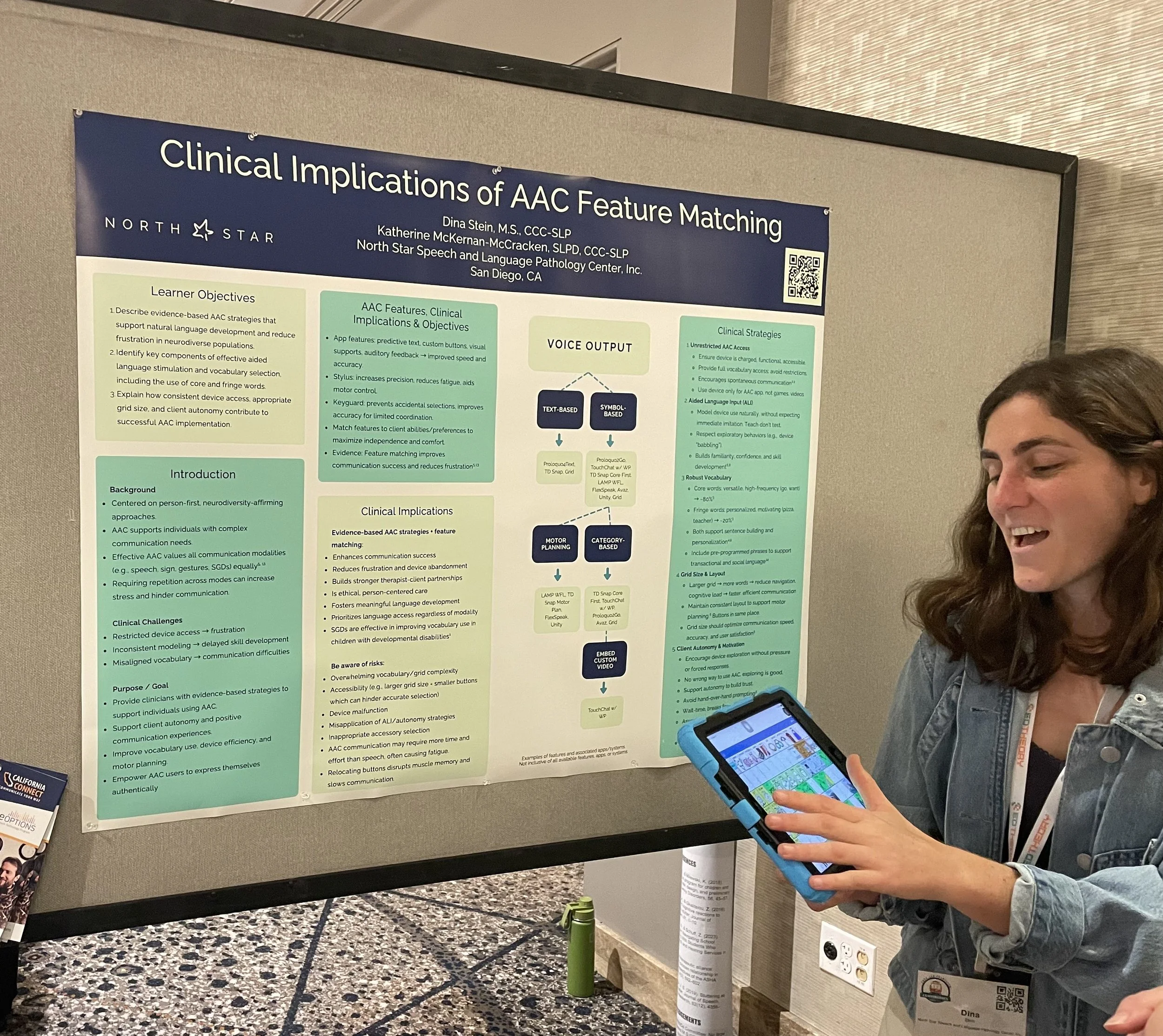 Dina Stein presents a poster presentation at the 2026 California Speech-Language Hearing Association (CSHA) Convergence conference on the topic of Clinical Implications of AAC Feature Matching. 