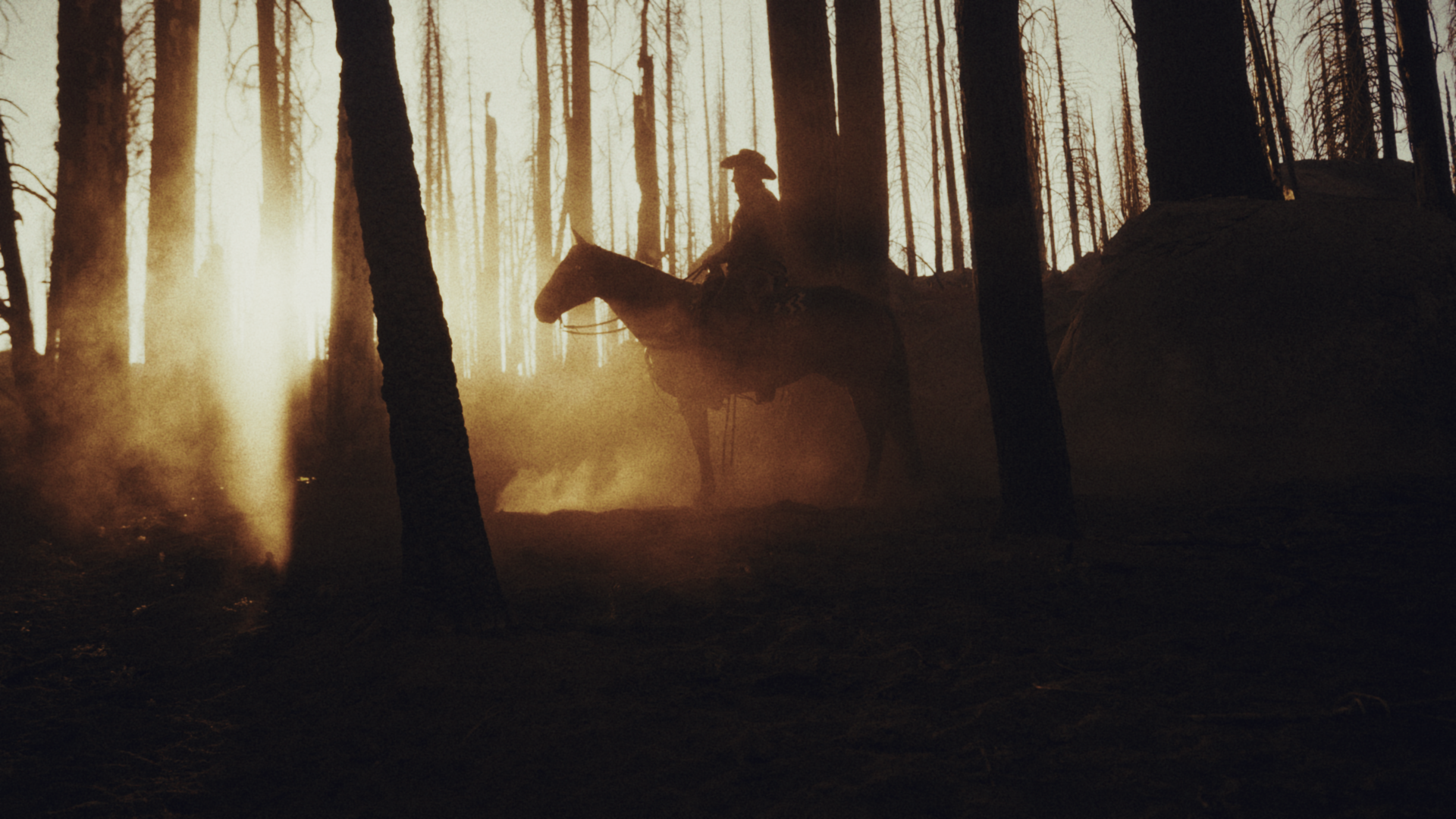 A person on horseback riding through a dark, smoky forest at sunset or sunrise, with tall trees and a hazy, golden light filtering through.