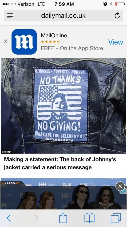 While on set in Colorado for The Lone Ranger, Mr. Depp requested I sew on this patch to the back of his leather Jacket.
