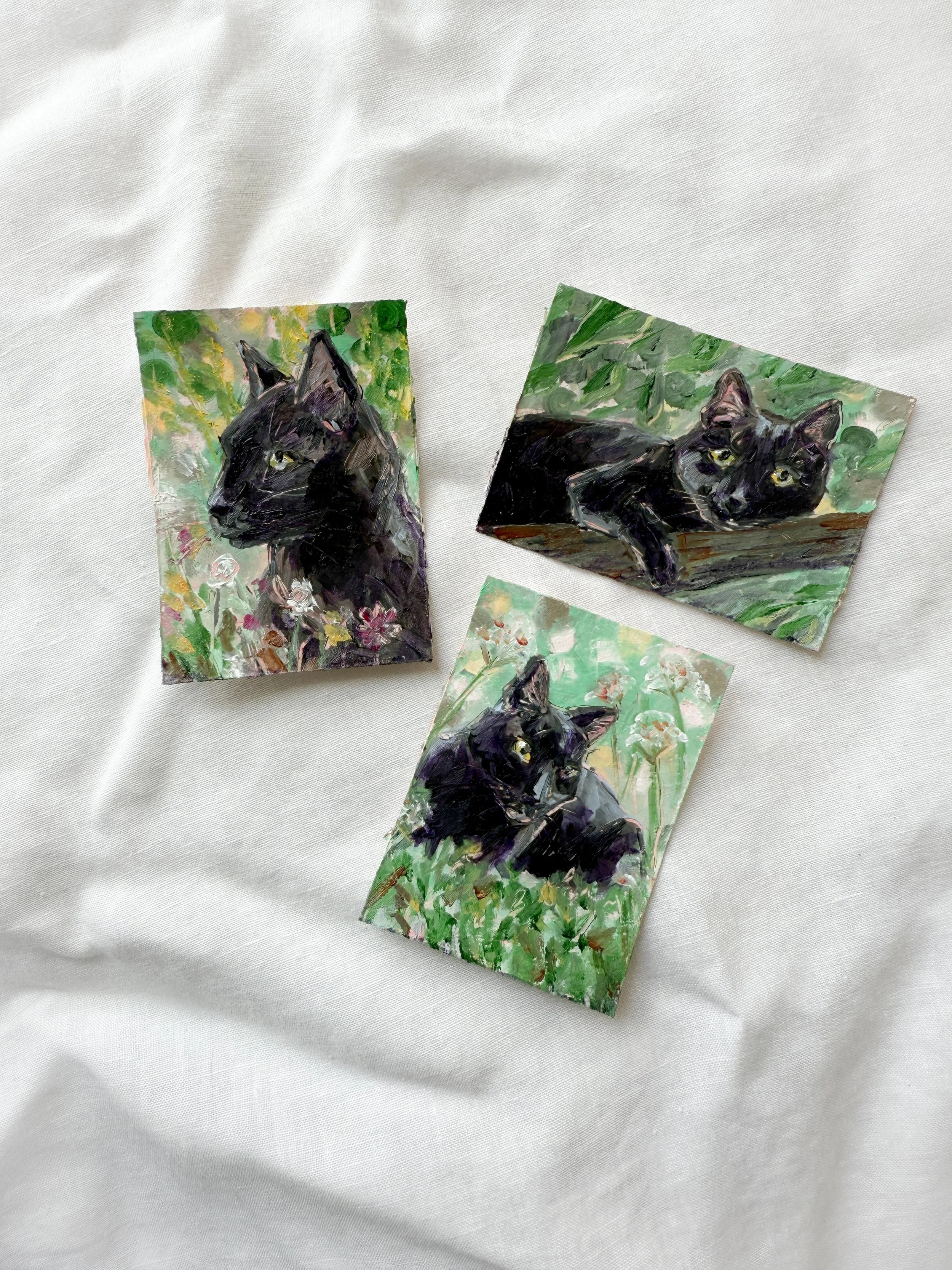 Three black cat ACEOs by artist Renee Machan.jpg