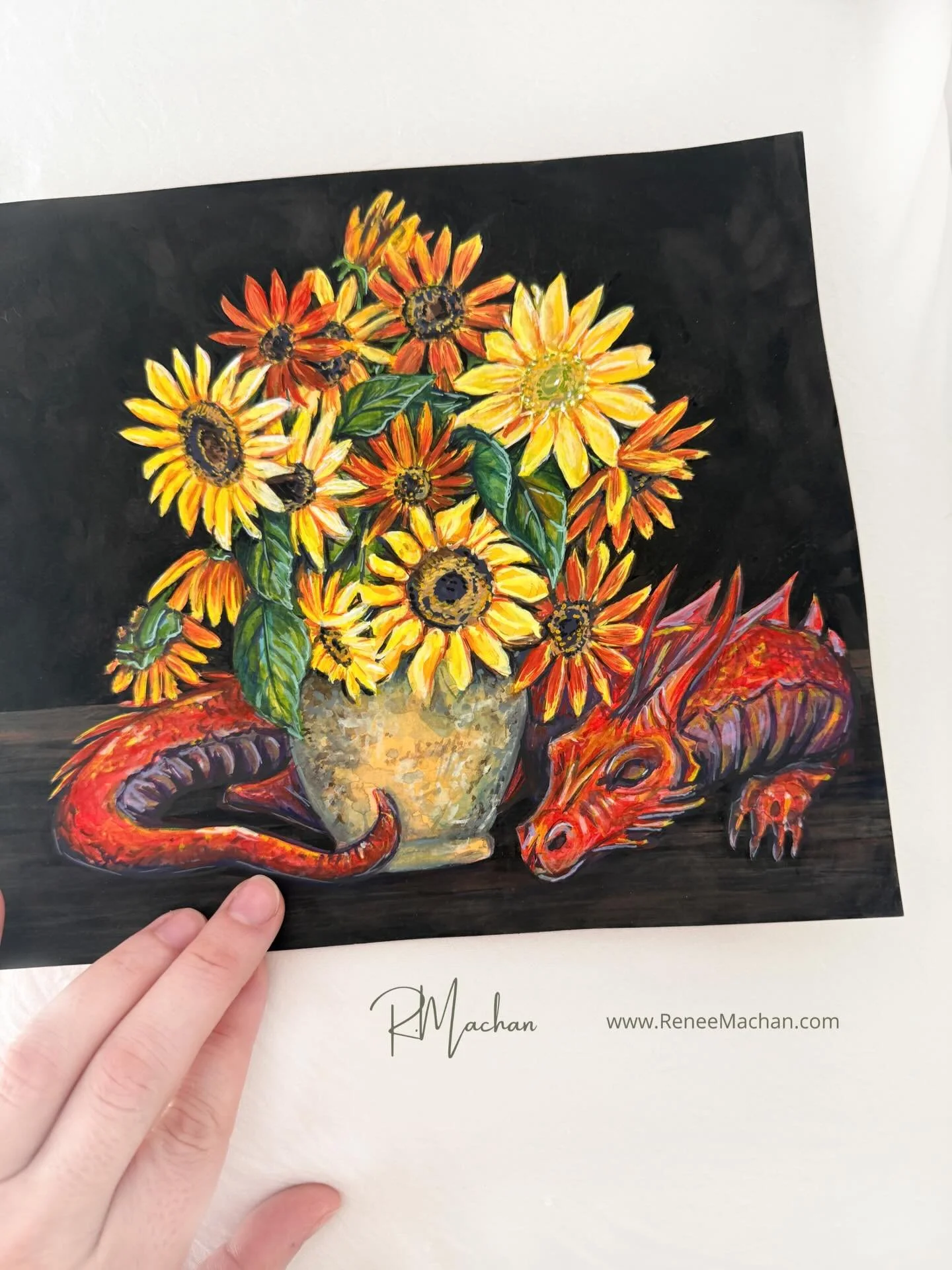 &ldquo;Litha Red Dragon and Sunflowers&rdquo; 

#Litha #MidsummerMagic #SunflowerArt #DragonPainting #SeasonalArt