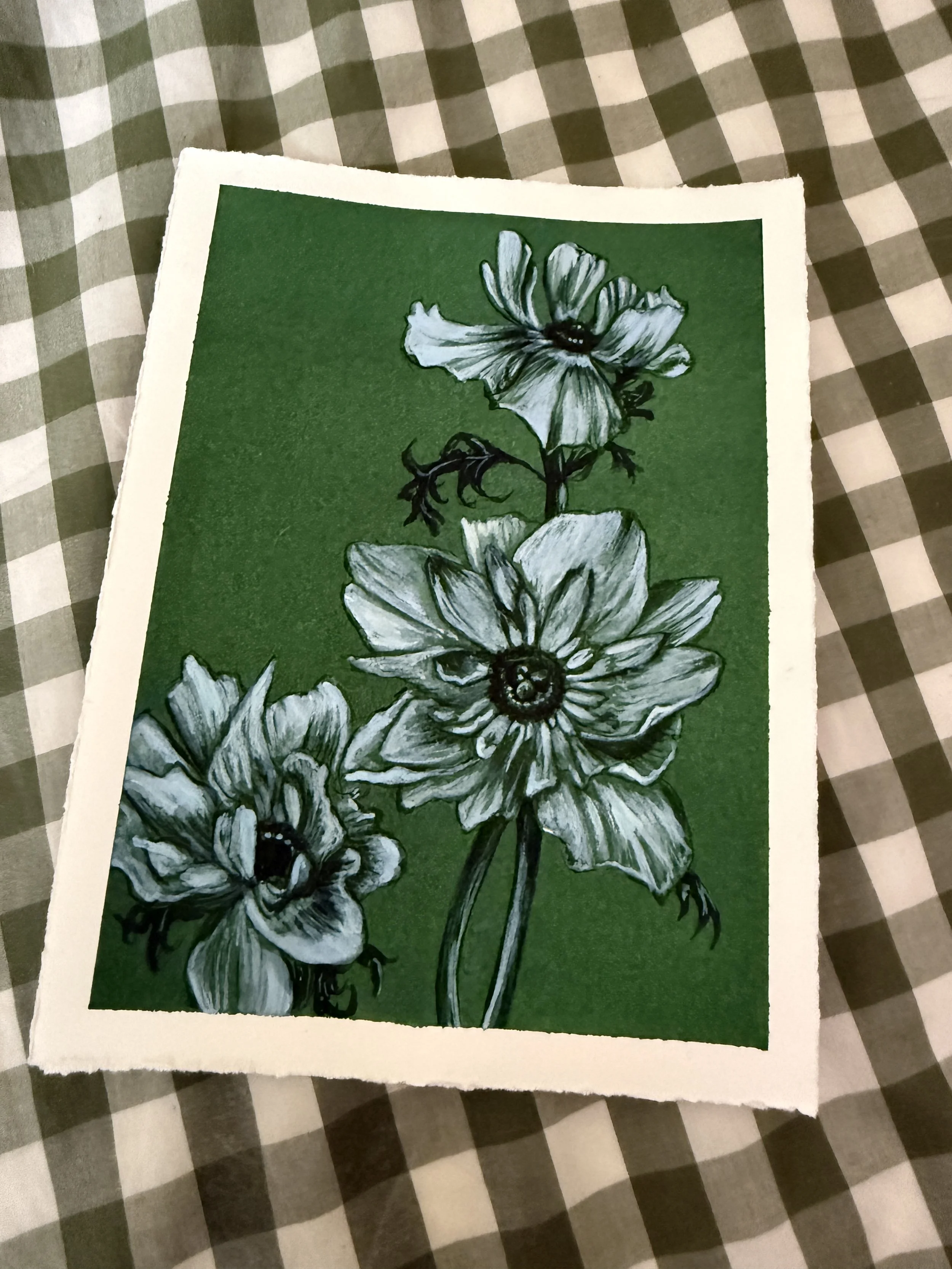 ANEMONE - Green Botanicals - Original Monochromatic Ink Painting by Renee Machan