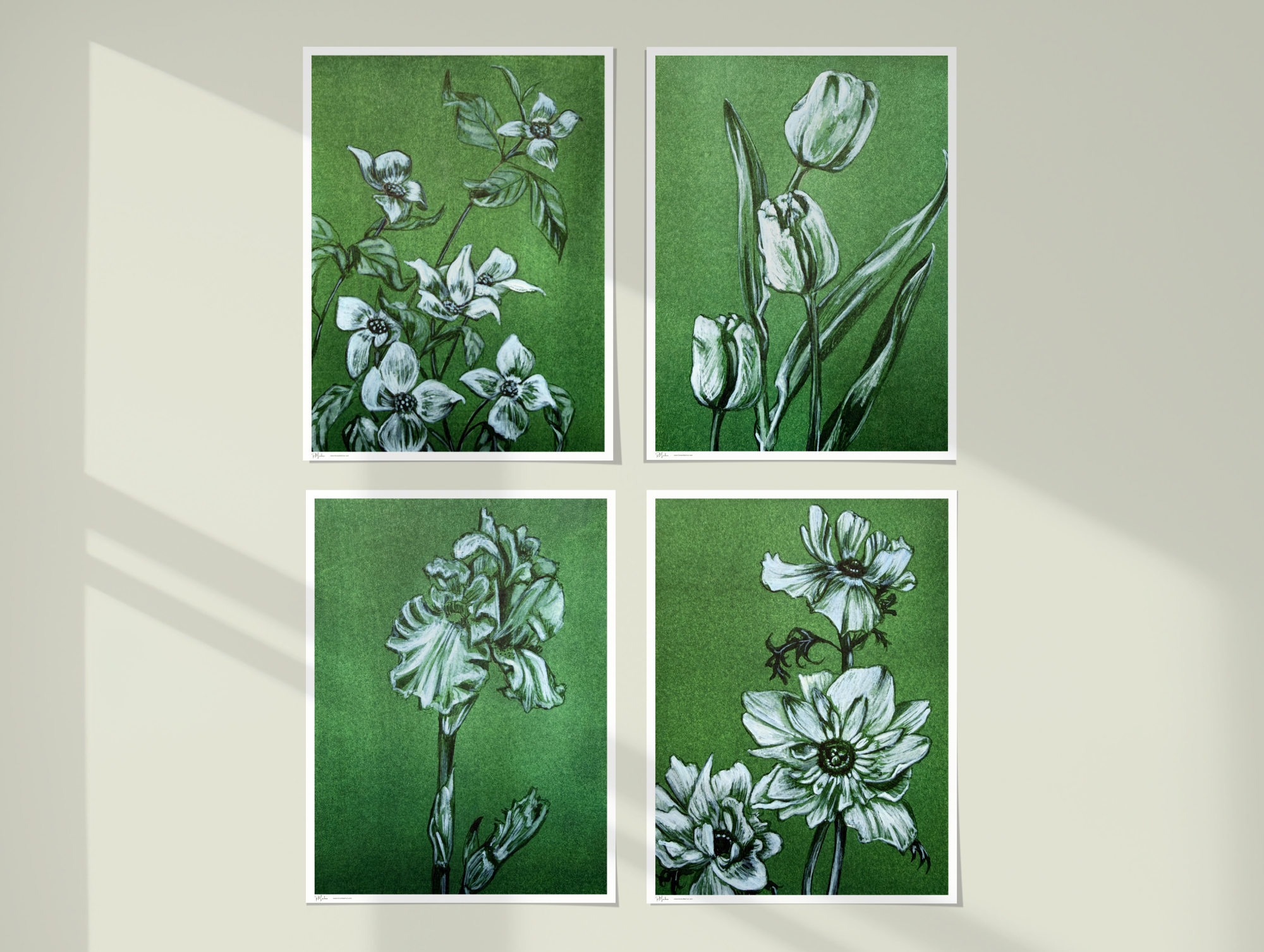 4 Prints - Green Botanicals - Monochromatic Fine Art Print by Renee Machan