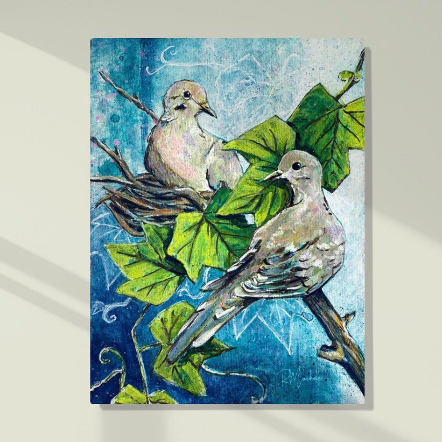 "Return" – Doves beneath the grapevine pergola, Limited Edition Fine Art Print Giclee on Canvas