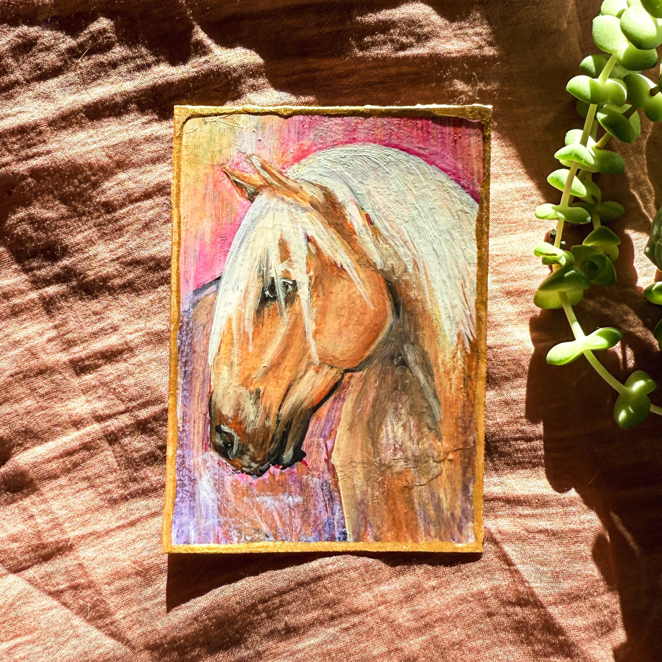 Palomino Horse ACEO 2.5x3.5 Original Animal Art in Oil by Renee Machan